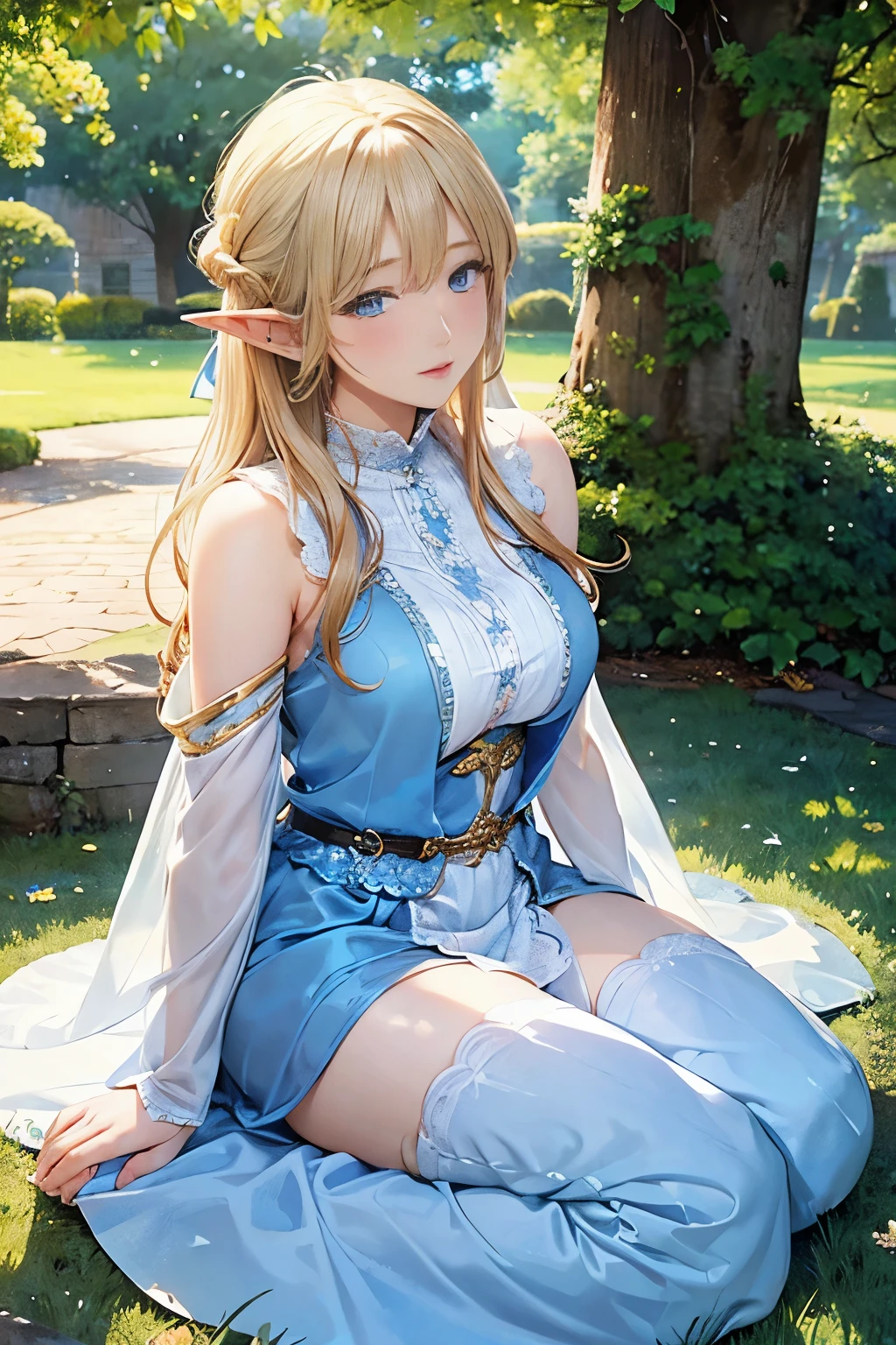 (8K, Raw photography, top-quality, masterpiece:1.2), One elf Woman、girl at the age of 18,fullllbody.{scinematic angle、Wide Angle、Don't split the screen、}(Realistic Skins 1.4)、(valkyrie、Valkyria)、(((Western knights、Plate armor covering the whole body、Metal armor、nffsw)))、(royal blue above knee skirt with golden trim) 、(((Sky with light、Asgard))、50mm Lens、30mm film、wide angles、(long、)、(A waist long straight blonde-haired)、blue eyes、shinny skin、beautiful detailed hair、cheerful smile, Beautiful delicate face、Beautiful delicate eyes、{huge chest、perfect tits, muscular body、}、(standing:1), bare shoulder, tight-high white stocking with golden-trim, (white:1) above elbow armhose and glove, (chubby:1.2), (huge breasts:1.2),