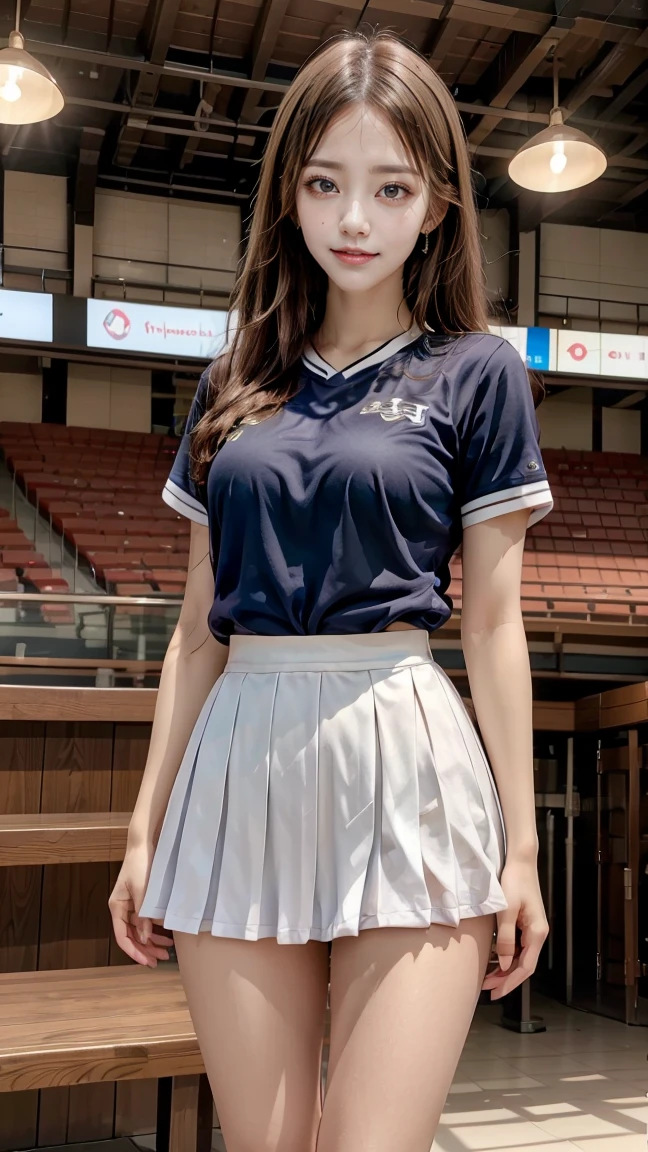 simple background, cowboy shot, symmetrical, uniform spacing, standing straight for camera, ((arms behind back)), one cheerleader girl, (18 years old), ((("CHEER" on chest, pleated mini skirt, socks)))