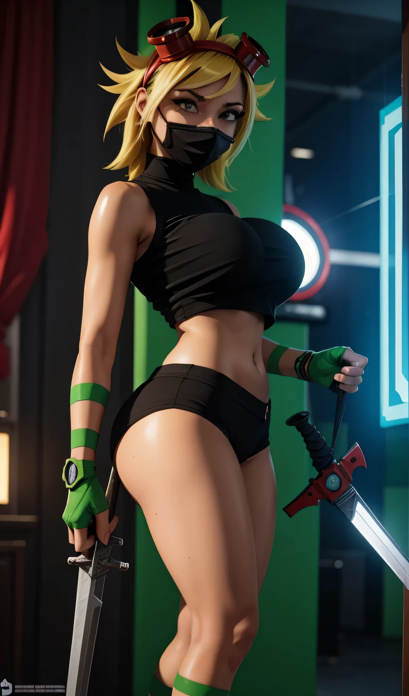  2 in a black outfit holding a sword and a green mask,  3 d render art of the character 8 k , very pretty cyberpunk samurai  , cyberpunk assassin, anime rudo 8K, cyberpunk anime girl, Digital Cyberpunk - Anime Art ,  cyberpunk anime digital art ,  DeviantArt Artstation CGScosiety  , in the cyberpunk style, chica anime cyberpunk with hood,  female cyberpunk anime girl big breasts nude busty  , a highly detailed and realistic painting of a beautiful large-breasted woman with a solar flare background from Plants vs Zombies,  intricate facial features , photorealistic,  masterpiece, 8K,  ultra detailed ,  extremely detailed , realistic, photo-realistic,  stunning colors , Dramatic lighting, fancy, digital art nude