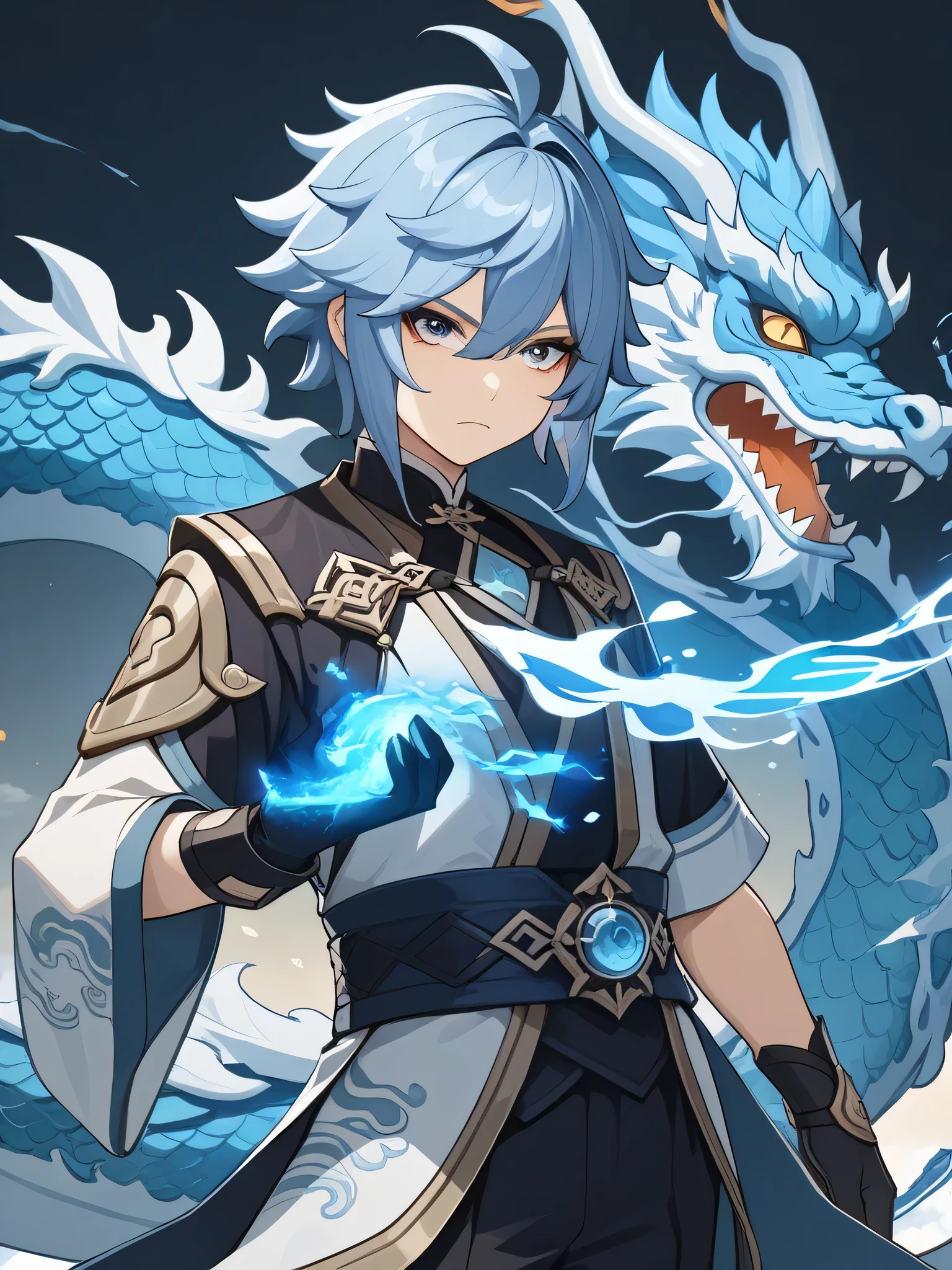 (employment) masterpiece, Chinese dragon,Half-length photo,feature,Genshin Impact,boy,Thunder element, High Resolution,