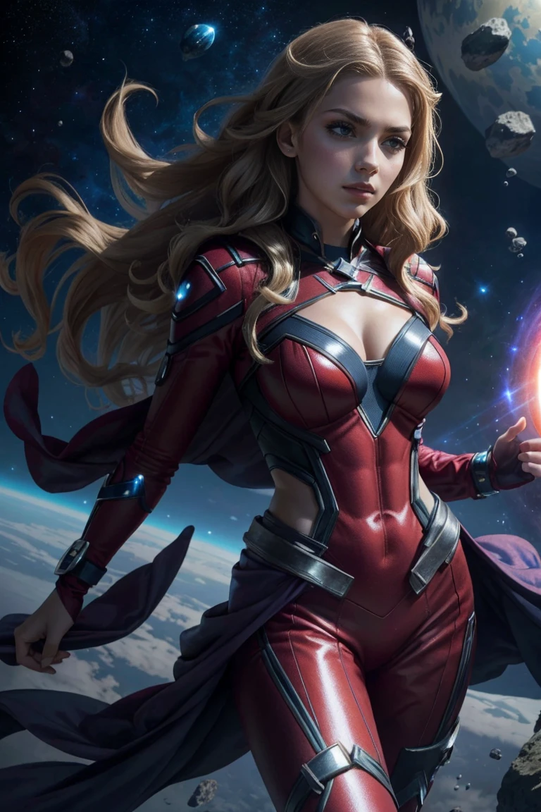1girl,Alicia Viewsrtream,red lips,red impossible clothes,red elbow gloves,red thigh boots,cape,incredibly absurdres,Volumetric Lighting,moody lighting,thighs,realistic,reality,hetero,smug,commanding pose, best quality:1.4, intricate details, sharp focus, highres, eleborate atmosphere:0.90, 8K, 4K, UHD, 32k UHD resolution, realistic photo, professional photography, Ultra Detailed 8K CG, ultra high res, High quality texture, High quality shadows, vivid colors, HDR, space station, windows, spaceships,
