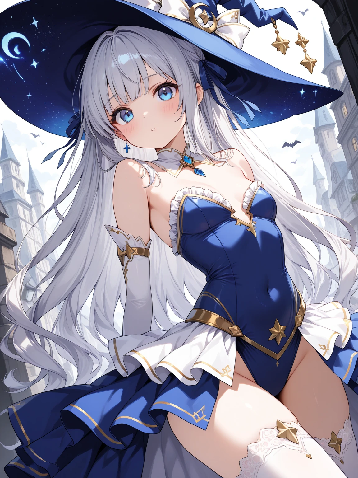 Extremely detailed CG unified 8k wallpaper, Very beautiful 8KCG wallpaper, best quality ,Ultra Detailed ,Pretty Face ,masterpiece、Top image quality、Top quality、White hair、Blue and white witch costume、witch hat、Light blue eyes,Background is starry sky,Open chest,Big Breasts,Big nipples,The nipple is prominent inside,transparent,The areola is large,Dark brown areola,Areola exposure,Wearing black suspenders,Lower abdomen exposed,On the lower abdomen,Holding a magic wand