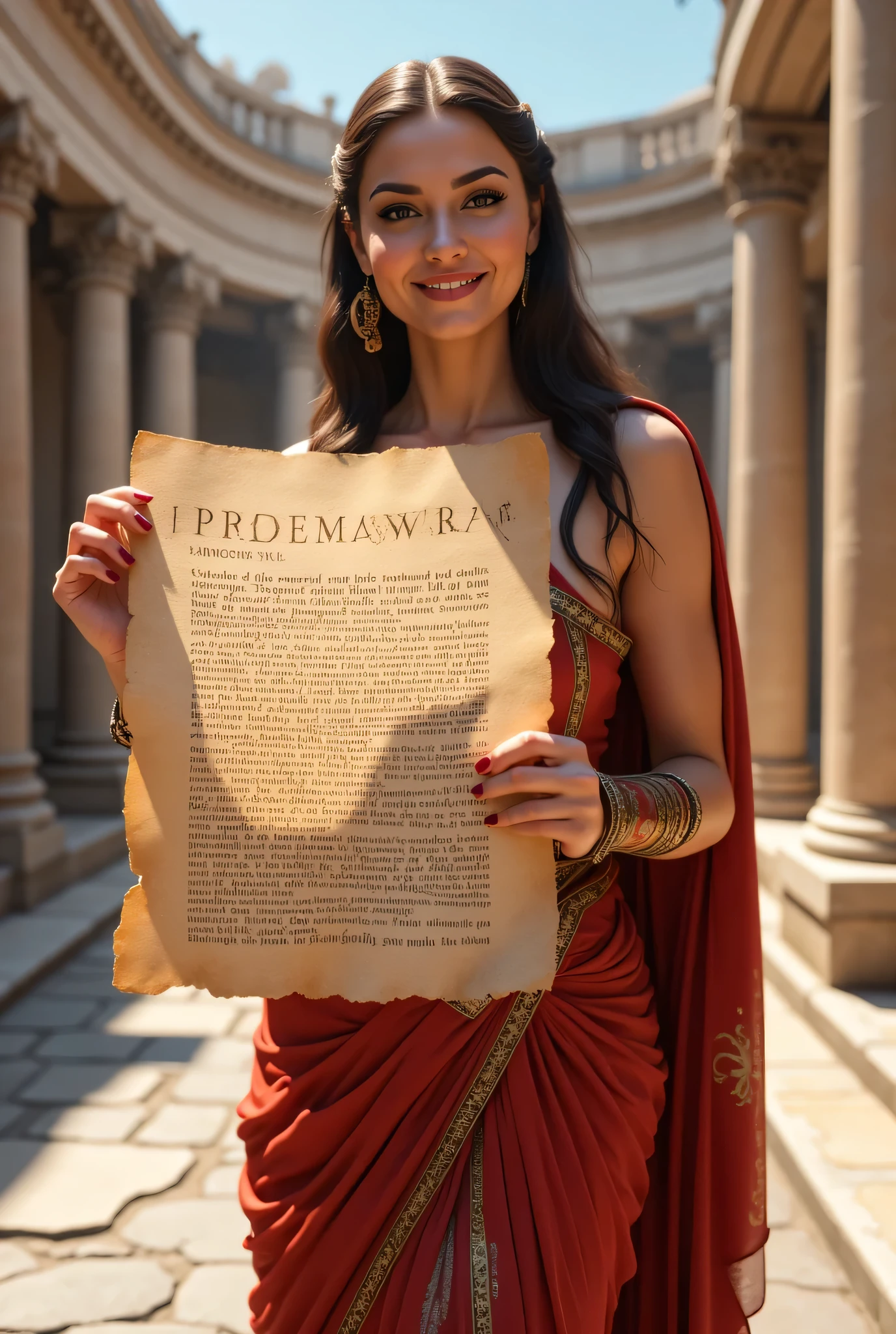 A hyper-realistic wide scenery image shot of a prehistoric beautifully ancient female rome senator holding showed up a big size latin alphabetics script papyrus, symmetrically balanced in image composition. The beautifully ancient rome senator is depicted in a full body angle view, showcasing her lively, lusciously vivacious, and shapely body. She is wearing a realistic cultural ancient rome toga long dress. The scene includes a well-rounded prehistoric female ancient rome senator holding up a big size of latin alphabetic scripts papyrus, and smiling. The background features ancient rome pantheon palace with central leading lines, creating a sense of depth on ultra-wide angle. The image has UHD ambience, with a zoomed-out perspective, realistic textures, mixed lighting concept, and a wide-angle view. The female's hands are accurately detailed with full human finger anatomy, and her hair is shiny and lifelike. The overall style is reminiscent of Far Cry 5 game artwork, with additional details and body fixes applied. The combination of influenced of SandalPunkAi Artwork and BronzePunkAi Artwork. Perfectly curvy.