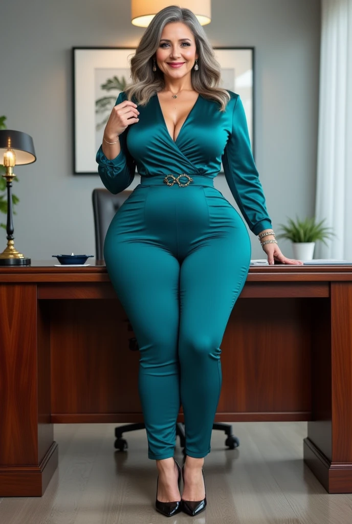 4k, realistic, carismatic, very detail, there is a girl in the room, she is a boss, office theme, soft clothes, long hair, wearing cloth pants blazer, 25 years old, full body, wearing high heels, plump belly