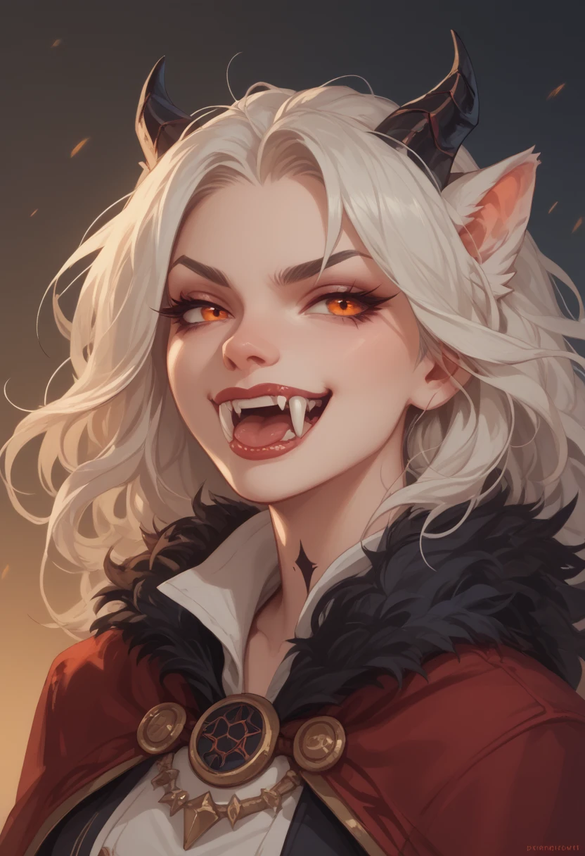 Red eyes,
dark and angular eyebrows, intense and menacing gaze, long smile, smirk, slightly open mouth, blood on face, blood on forehead, blood in hair, long nails, sharp nails, blood on nails, teeth lined up, protruding fangs, lips fleshy,