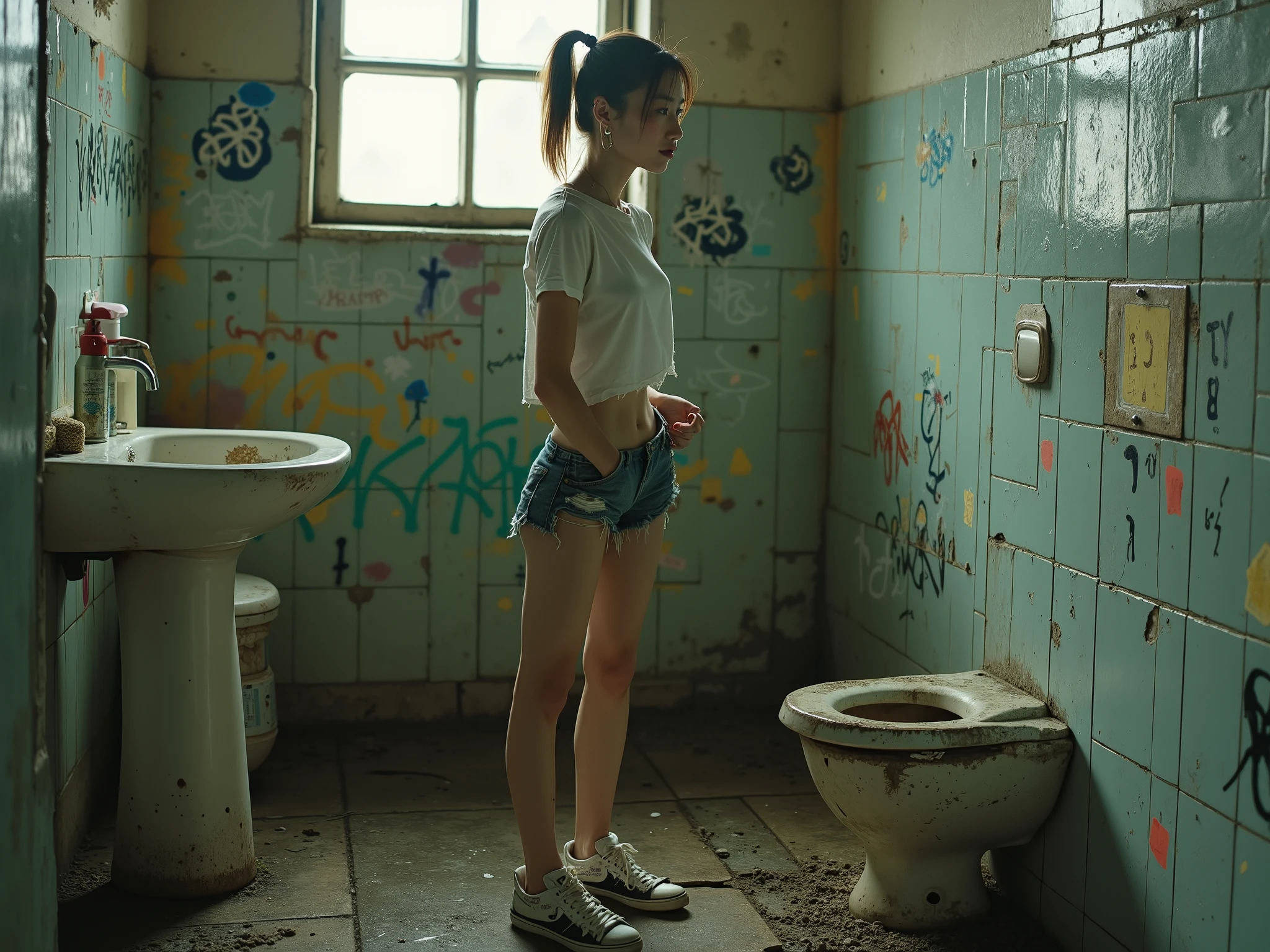 A thin Korean woman , 18 years old, with a fragile and delicate appearance. She has a very small bust , a thin waist and thin legs and go between the thighs . Her hair is long and blonde 88.0 and black hair roots with bangs and ponytail. Pencil makeup outlined her eyes in strong black , Cherry red lipstick.
The woman wears a mini t-shirt cropped up to the bust in white that keeps the whole belly out, the clothes look old and frayed and torn with holes and dirty. . A short ripped denim short with frayed legs and tight to the body and very tight in the crotch and tight in the ass. Casual low top sneakers white with black and graphite designs .
A completely destroyed public bathroom , with broken tiles , a cracked sink and a rusty faucet . The walls are covered with colorful graffiti and chaotic messages, while the floor is dirty , filled with debris , Crumpled energy cans thrown on the floor, pools of stagnant water and scattered garbage . A dirty, broken toilet occupies a cabin without a door or with it hanging. A chipped mirror reflects distorted fragments of the environment , and the strong odor of abandonment and humidity makes the space even more decadent.
The woman is standing holding the waists on the sides of the shorts pulling them up, As if she were wearing her shorts unbuttoned and with the zipper open .
The composition is hyper-detailed , with cinematographic lighting . perfect anatomy . Detalhamento realistic das mãos e dedos. masterpiece, best quality, super detailed, super detailed, realistic, sharp features , high definition .