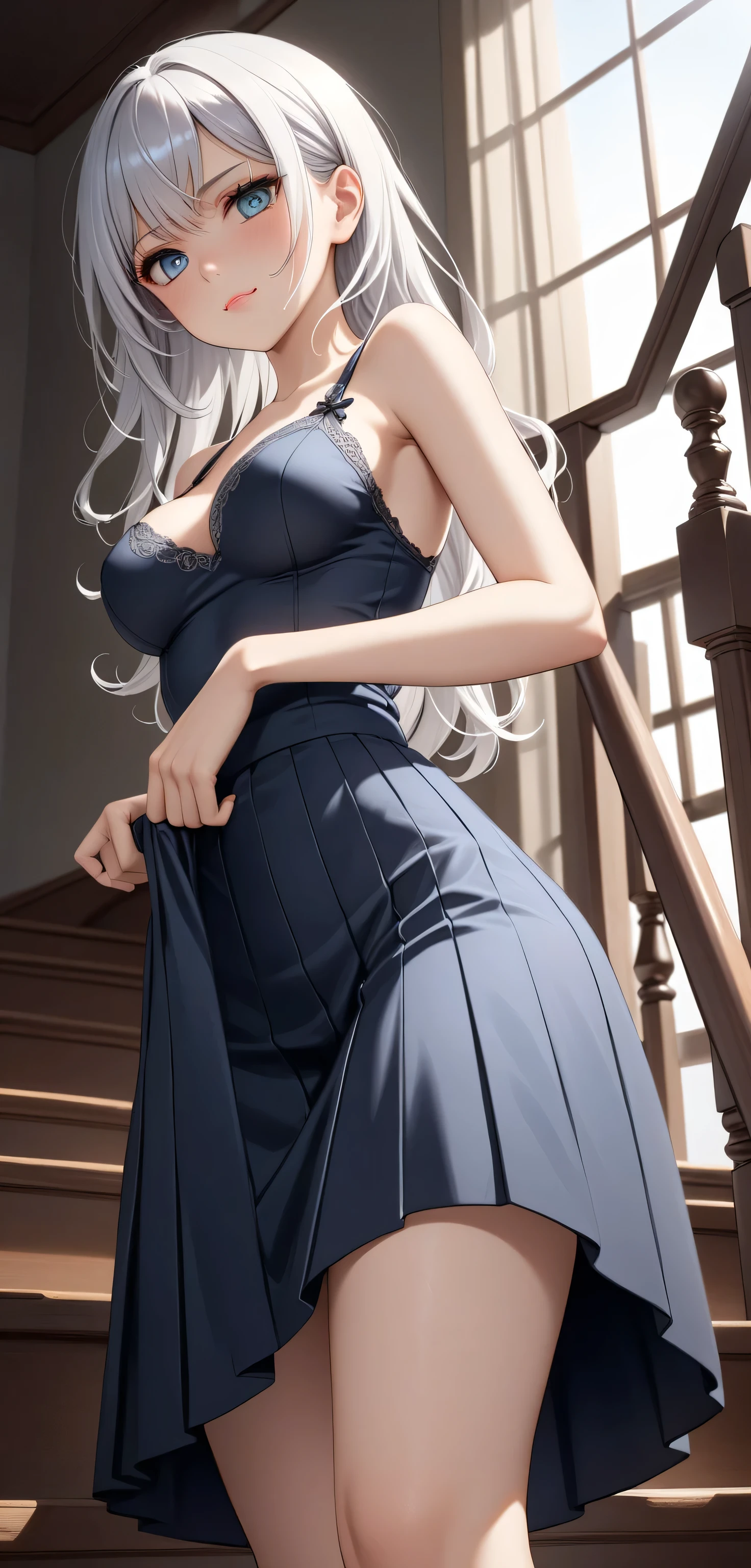 Silver haired woman in dress, 1woman, solo, sundress, photorealistic, realism, realistic, human