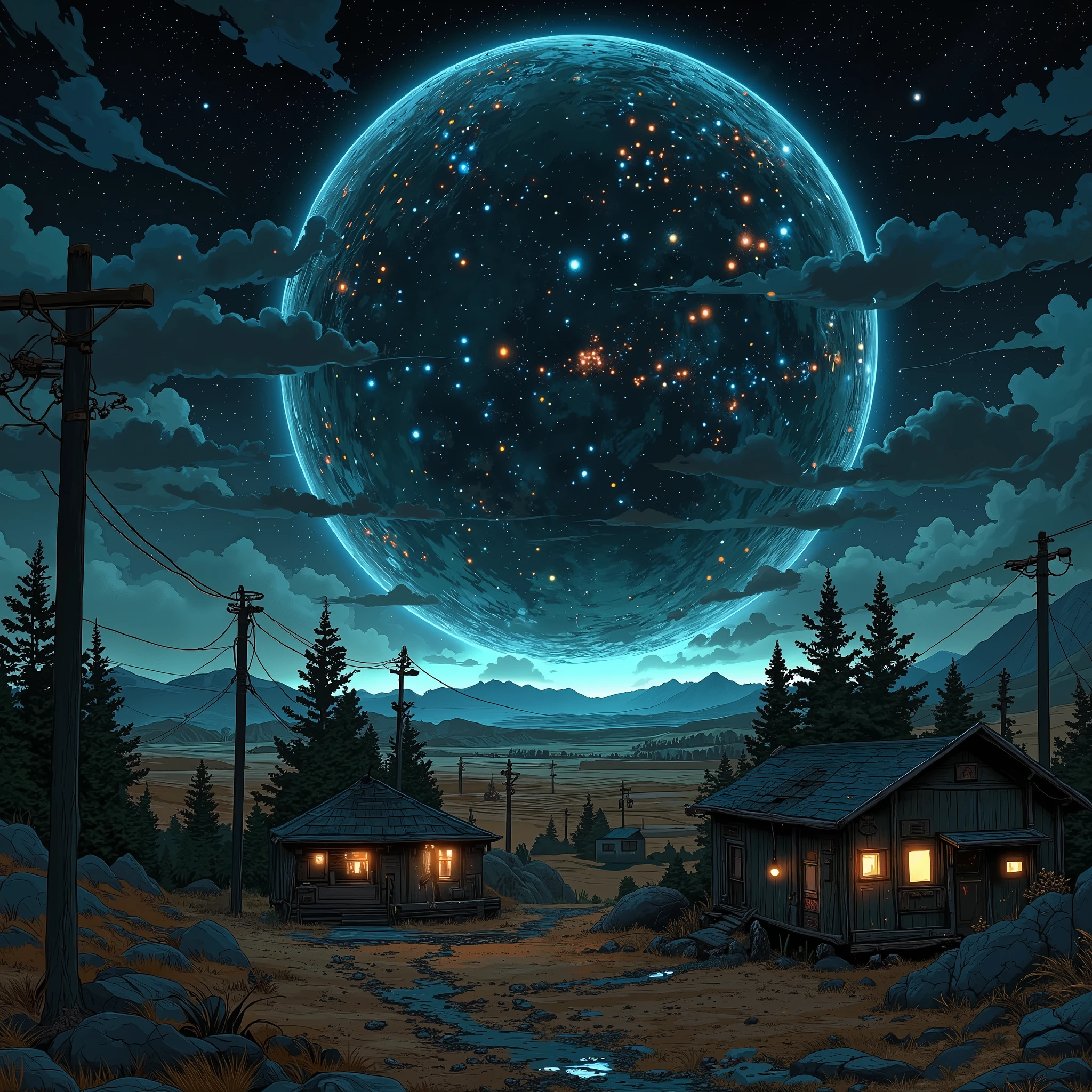 Boundless space, planets full of life, Village, the forest, desert, 4 elements , movement on the orbs, Night