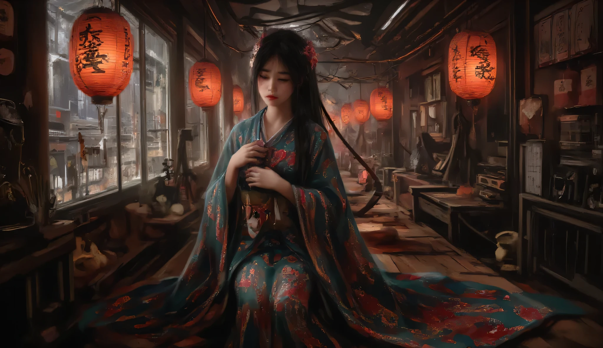 A captivatingly beautiful Japanese woman , dressed in an elegant kimono , combing her long black hair in a traditional Japanese room illuminated with paper lamps