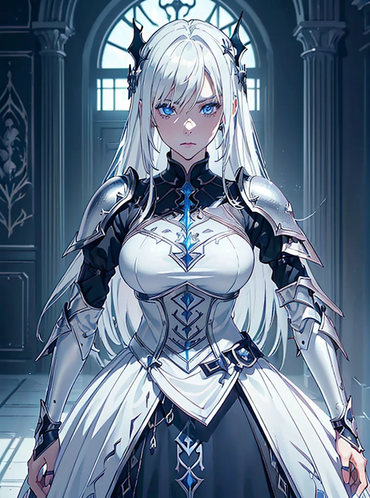Beauty warrior girl, blue eyes, silver hair, full silver armour, big breasts, perfect eyes, fitted suit