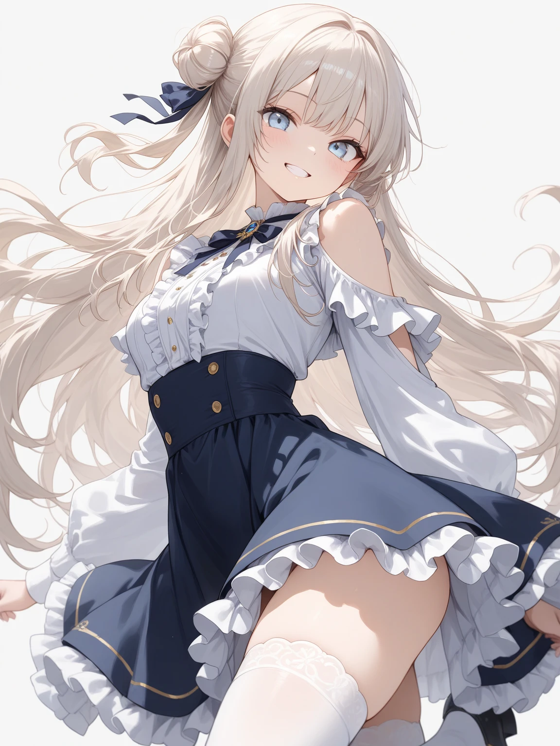 Graceful posture。Smart。Cute girl with bunny ears。Lively and cheerful,Cute clothes for pure white girls。White dress royal blue platform shoeeth