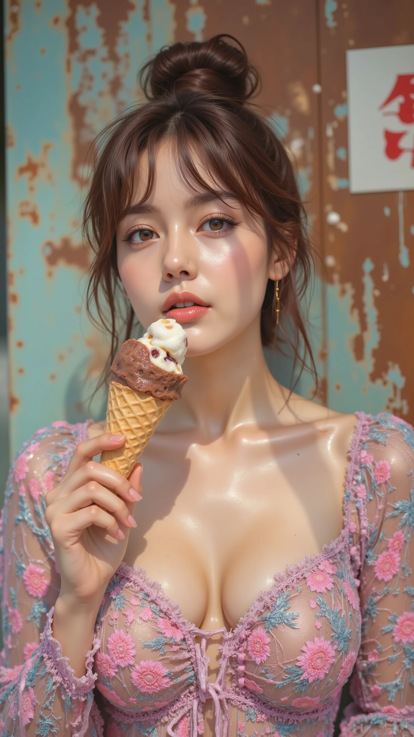 8k, masterpiece, highest quality, Korea's Beautiful Women, Eye-level viewpoint. brown hair, bun, bangs, Pleasant expression. Pink and dark-blue patterned dress. Holding ice cream cone. Casual pose. Weathered, rusty metal wall. Japanese sign. Outdoor setting. Daytime lighting. Candid feel. Sharp focus on woman. Warm, muted colors.
