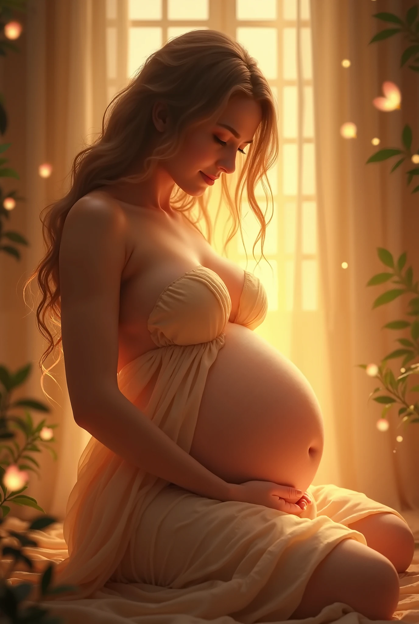A naked pregnant woman, who puts her hands on her stomach.