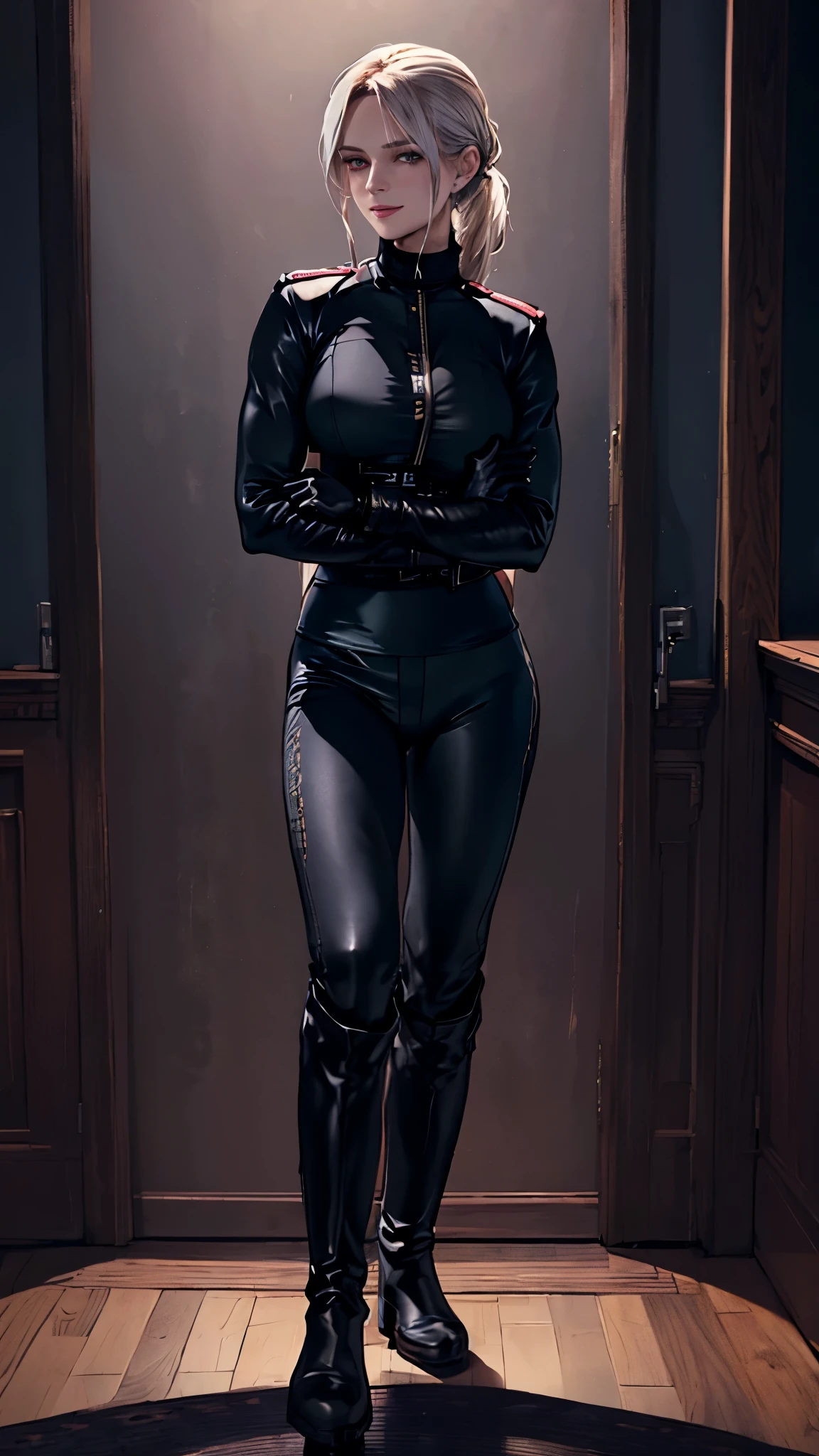 (highest resolution, distinct_image) best quality, a woman, solo, masterpiece, highly detailed, semi realistic, blonde hair, bangs, 1, mature, young, tall strong, uniform,( military uniform:1.5), ( large indoor background), cold, serious, tall, handsome, autocratic, powerful, exquisite facial features, exquisite facial features, (full body)(black knee-high boots:1.4)(dominatrix:0.3)( Yoga pants:1.3),(gloves:1.5)(long sleeves),(active sportswear shirt),solo,1girl,(looking at viewer),(from below:0.9)(head turned upwards:0.3)(smiling:0.4)(bodysuit:0.3)(holding riding crop:1.2)(muscular:1.5)(shirt tucked in pants:1.3),(parquet flooring)(standing on floor)(pretty eyes)(staring)(yandere), white hair, superior smirk, smiling, devious, anime look, detailed drawing, manga, illustration , pink eyes, superior, smug, organized, from_below, arms crossed