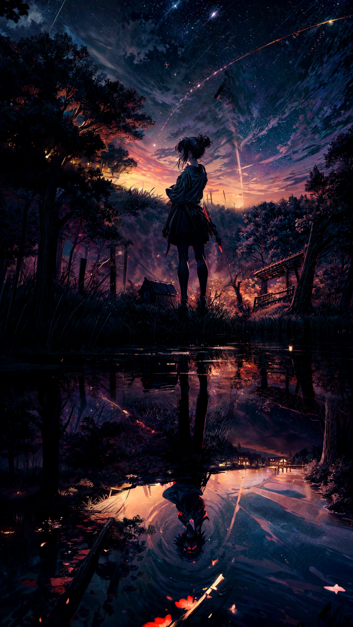 A serene lake reflecting the moon and stars, surrounded by dark silhouettes of trees. A wooden pier extends out into the water, with a small lantern glowing faintly at its end. Fireflies dance around the reeds near the shore. creating a serene, magical countryside atmosphere. Hyper-detailed, cinematic lighting, ultra-high-resolution, dreamlike composition, Ghibli-inspired artistry, atmospheric depth, very detailed, 8k, highly detailed


