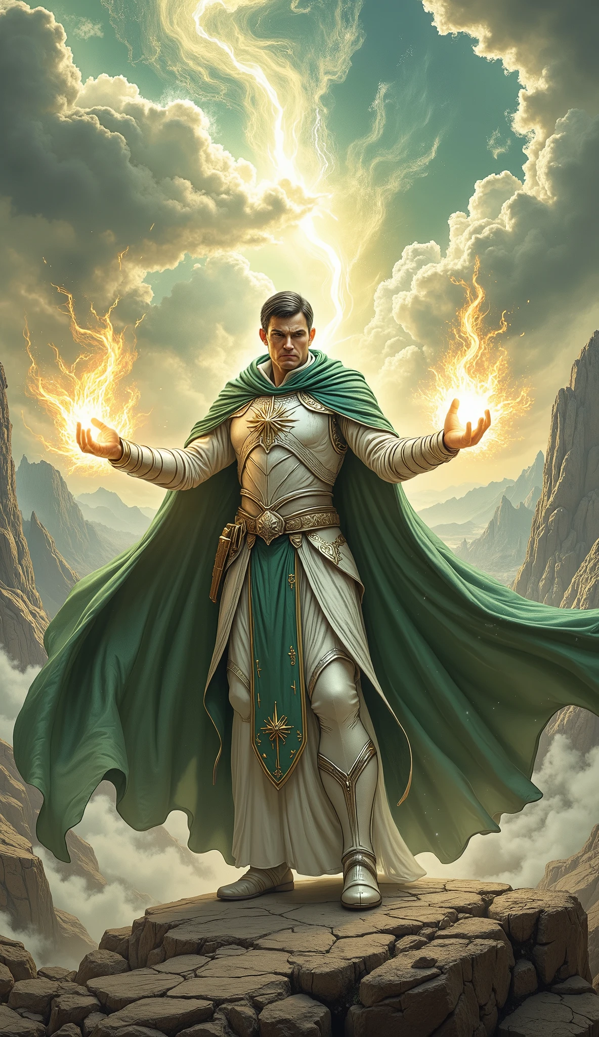 male human, cleric, paladin, (Masterpiece 1.5, intense details), casting a spell ,wearing white armor, green cloak with sun symbol, glowing holy symbol, armed with , short hair, black hair, frown, serious, high detail, Realism, Action painting, depth of field, god rays, wide shot, panorama, Ultra-Wide Angle, UHD, super detail, high quality, 16K, highres, hyp3rd3tail style, Celestial Fantasy