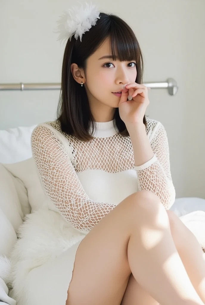 Full body shot from the front、Wear off-the-shoulder mini one-piece pajamas, bend your knees, spread your legs, take a cross-legged pose, and sit while looking at me, Slender bare legs 、smile、The background is a monotone 

