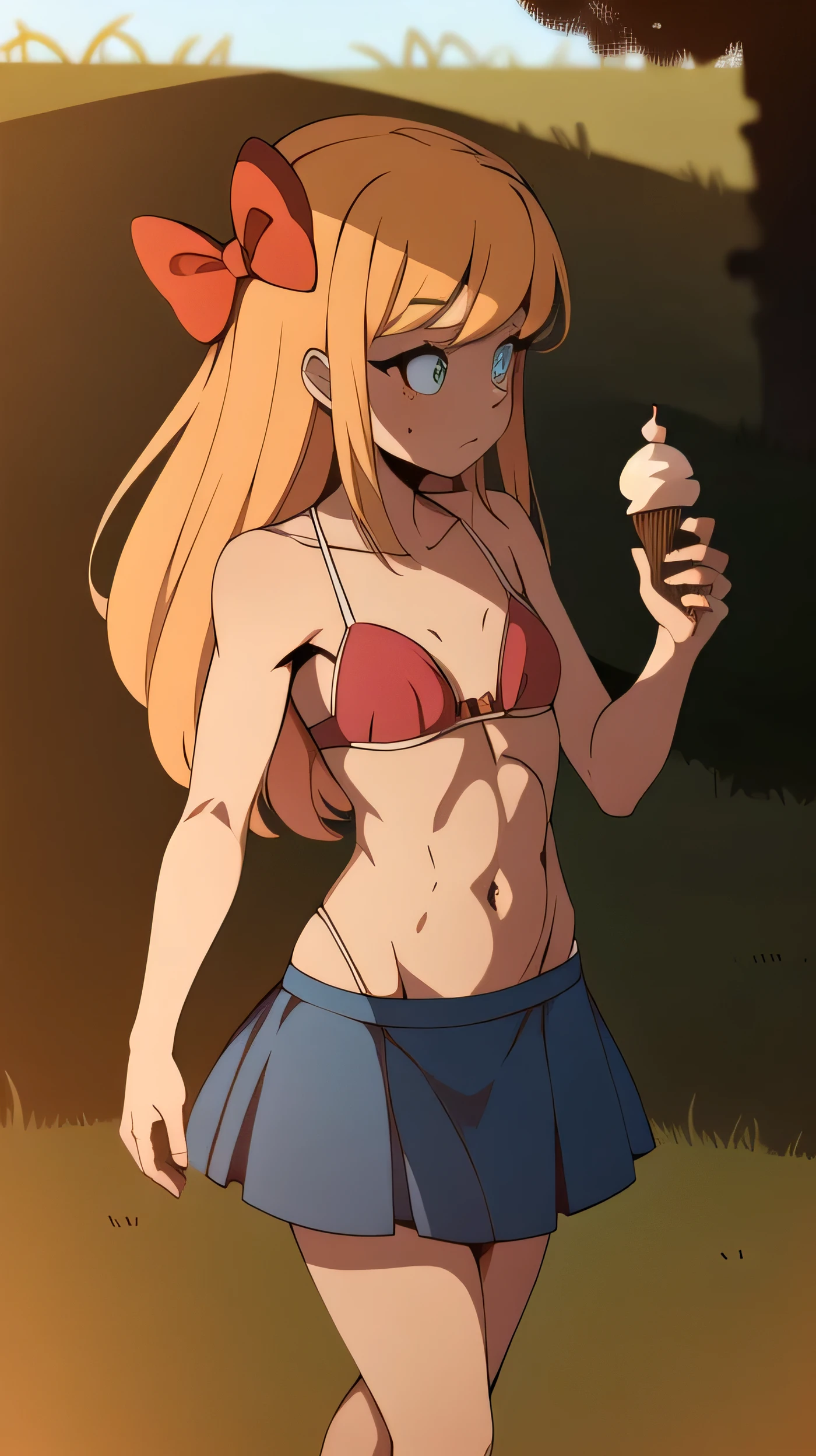 Elizabeth , Elizabeth, bow, support pink, bikini azul,pechos grandes hair bow, Alone ,  eating ice cream, cielo azul, flat grassland,,  body masterpiece,  best quality skirt,   detailed shading  ,  detailed ambient light ,  detailed background,  body masterpiece,