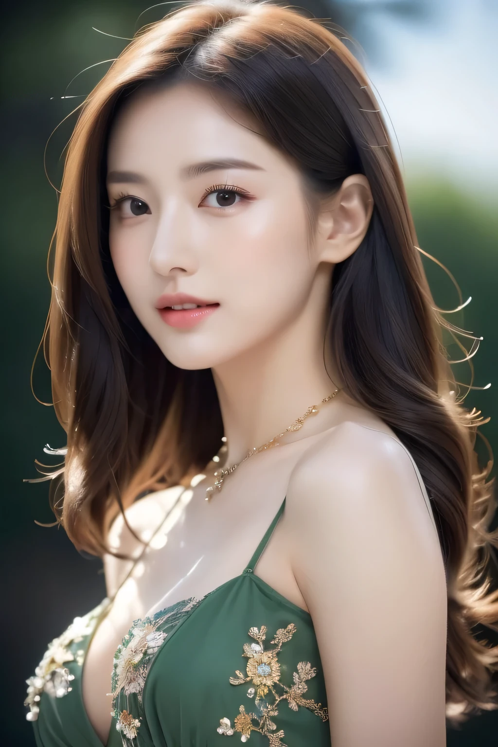 ((Best quality, 8K, masterpiece:1.3))，1girl，18 years old，Asian，Real texture:1.3，(Background blur:1.3)，Gorgeous long dress，Tall and slender figure:1.2，(Hot summer weather)，（street:1.3），Highly detailed face and skin textures，Exquisite eyes，Long eyelashes，Double eyelids，Skin Whitening，happy