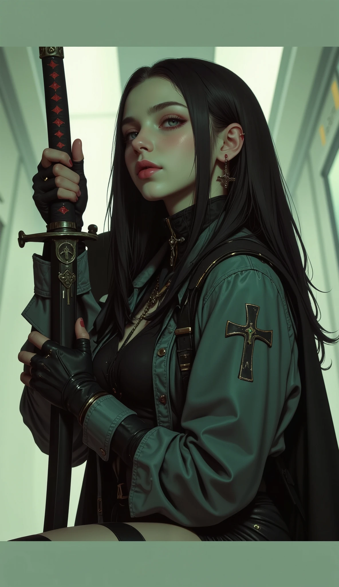 obra maestra Del cuerpo, very aesthetically pleasing, just a previous girl , DEMON HUNTER, cross penDant, pelo gris De trío, black and red, long hair, Blue eyes, glowing eyes, penDiente en forma De cruz, plaiDo, strong hands, sentaDa en un tren por la noche, espaDa azul, plano meDio, De arriba, in the profile , Katana with her , resplanDeciente con un aura eléctrica negra, sentaDa sola, Dramatic light, dim lighting , rostro muy DetallaDo, DetaileD Katana, negativeXL _D, chiaroscuro, cinematic lighting, Fujicolor, Optical illusion, UHD, Retina, masterpiece, Accurate, Anatomically correct, textureD skin, high Details, high quality, awarD winning, best quality, highres, 1080P, HD, 16K
