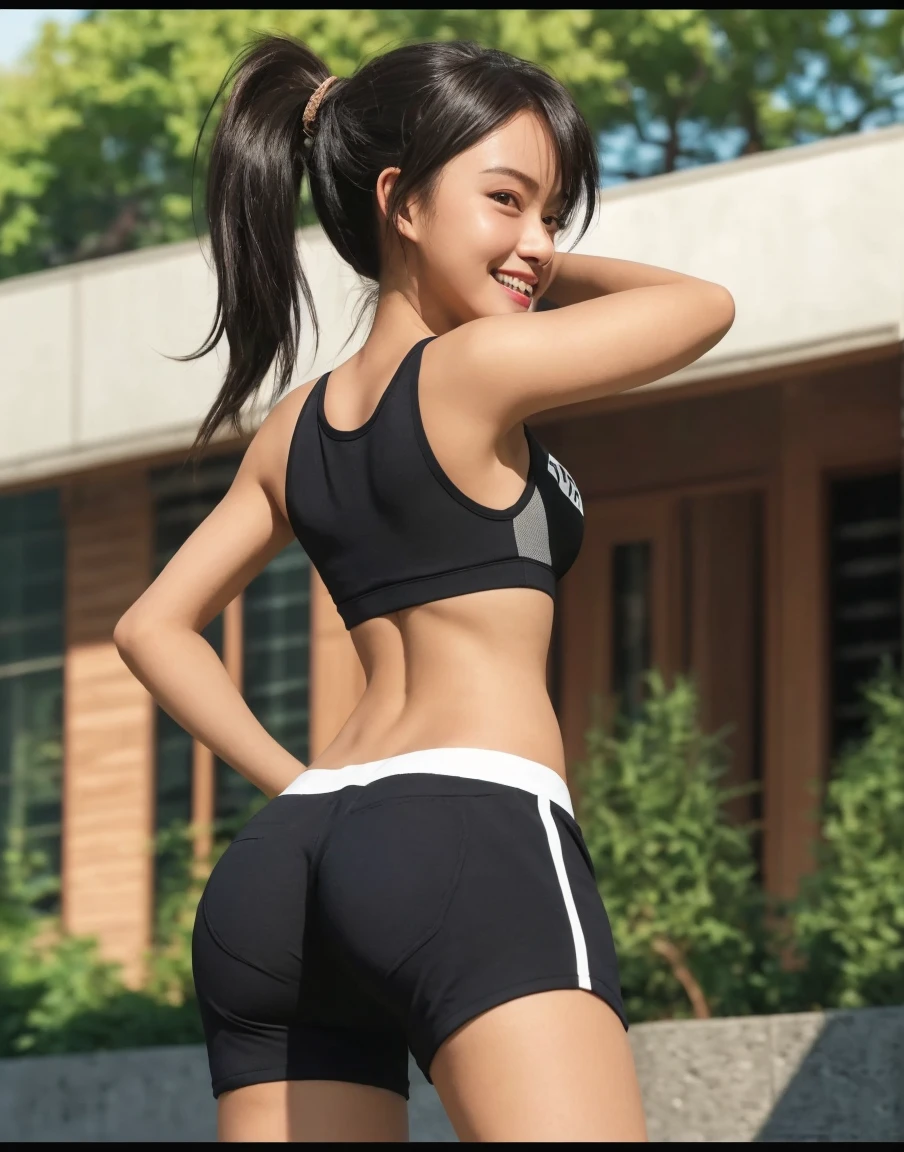 (8K, Raw photo, highest quality, masterpiece:1.2), (realistic, photo-realistic:1.37), Super detailed, 1 girl,17 years old、(full body shot),  ((bloomers))very slim, medium breasts, ((return)), ((from behind))(buckshot),  cute, white skin、looking at the viewer, light smile,alone, (closed mouth),enchanting smile, wide opening, professional lighting, Sony α7R4, Zecy 50mm F1.8, medium breasts,thin and beautiful eyes,
