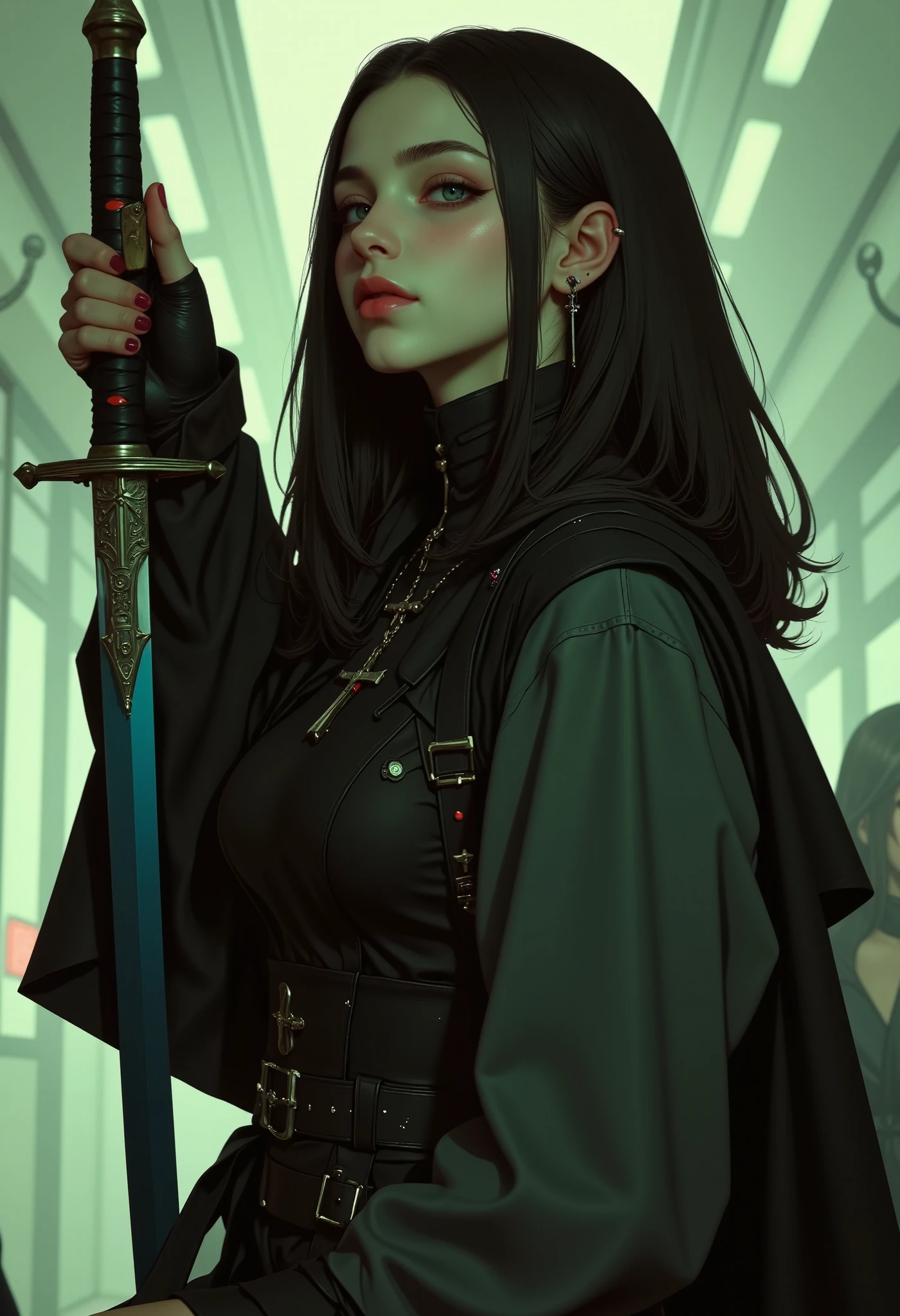 obra maestra Del cuerpo, very aesthetically pleasing, just a previous girl , DEMON HUNTER, cross penDant, pelo gris De trío, long hair:1.5, Blue eyes, glowing eyes, penDiente en forma De cruz, plaiDo, black and red, ropa black and red, strong hands, sentaDa en un tren por la noche, espaDa azul, plano meDio, De arriba, in the profile , Katana with her , resplanDeciente con un aura eléctrica negra, sentaDa sola, Dramatic light, dim lighting , rostro muy DetallaDo, DetaileD Katana, negativeXL _D, chiaroscuro, cinematic lighting, Fujicolor, Optical illusion, UHD, Retina, masterpiece, Accurate, Anatomically correct, textureD skin, high Details, high quality, awarD winning, best quality, highres, 1080P, HD, 16K