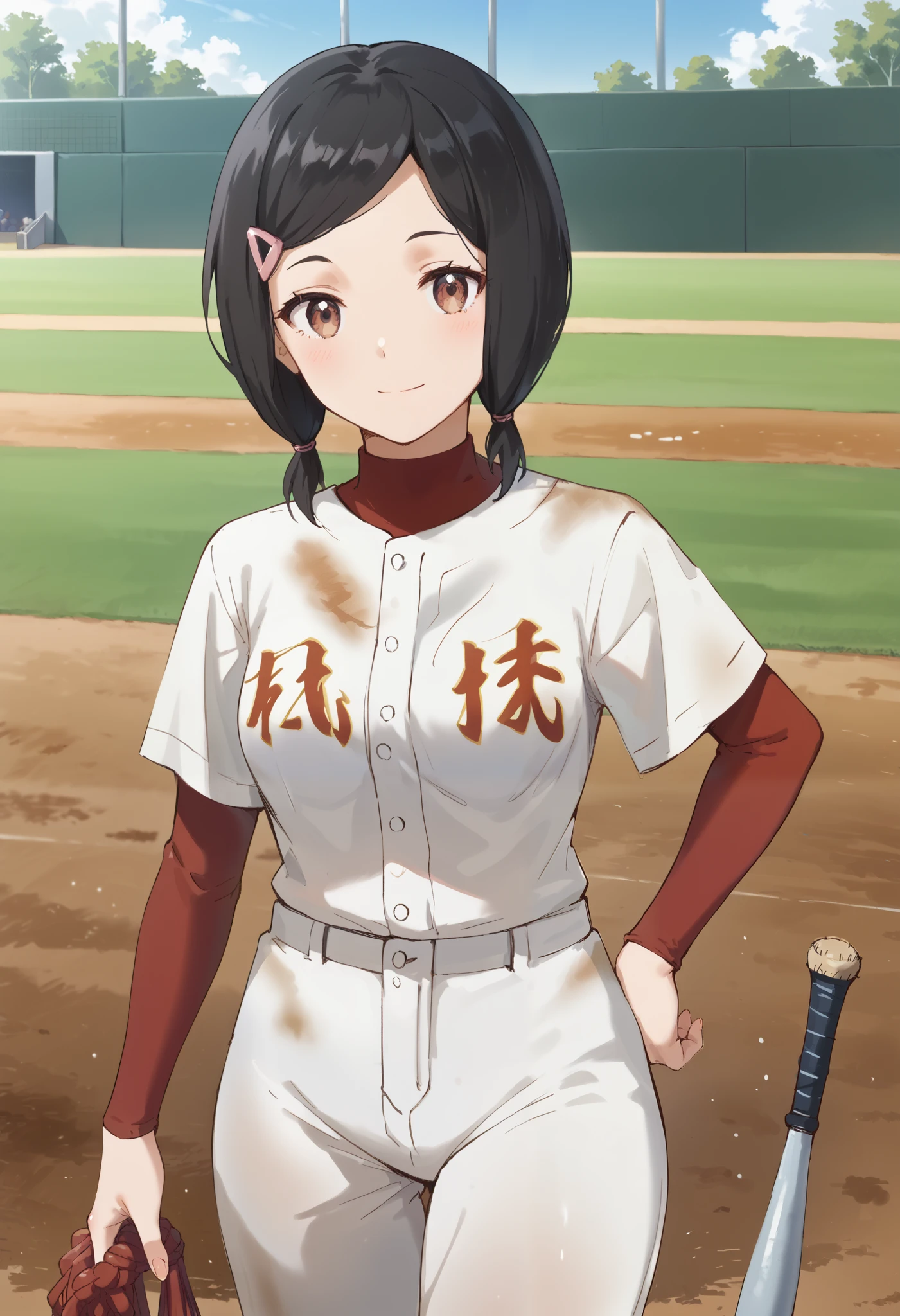 absurd, (absurd_resolution), masterpiece, best quality, (best illustration), (best shadow), ultra-High resolution, score_9, score_8_up, score_7_up, BREAK source_anime, 1girl, solo, shiny skin, perfect eyes, detail1eye, anime style, outdoor, day, baseball field, aachisato, (black hair), short twintails, low twintails, swept bangs, hair ornament, hairclip, brown eyes, medium breasts, standing, cowboy shot, looking at viewer, smile, baseball bat, baseball uniform,