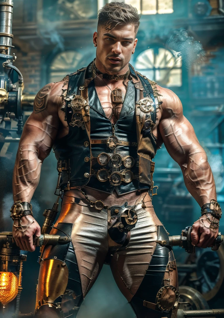 ((Masterpiece, High Quality)), Best Quality, highly detailed , ultrarealistic , cinematic ,realistic , photorealistic realistic eyes, intricate details, detailed background, depth of field, dynamic pose, dynamic angle ,male focus ,muscled man (1.0) ,handsome (detailed face) ,Young Arafed muscular chiseled very handsome man , (( steam4rmor,A muscular bodybuilder (1.0), veins on his arms , attractive tattooed man dressed in a detailed steampunk vest not covering his chest and abs(1.0), showing his muscled body with tattoos(1.0) ,The outfit includes leather straps, brass gears , a vest, and metallic accents. The man has a confident and alluring pose, with a mysterious expression. The background features an industrial steampunk setting with steam pipes, machinery, and a warm, vintage dark atmosphere , highly detailed, , detail face, tool enhancer ,slider 1.0)), realistic, masterpiece, intricate details, detailed background, depth of field, photo of a man ,looking like courage , ((light bokeh)) , highlighting the strong muscle lines , symbol of strength. Perspective and perspective: shooting from a low angle , highlighting the height and majesty of men. Or use a side perspective to show the posture and tattoo of a men.