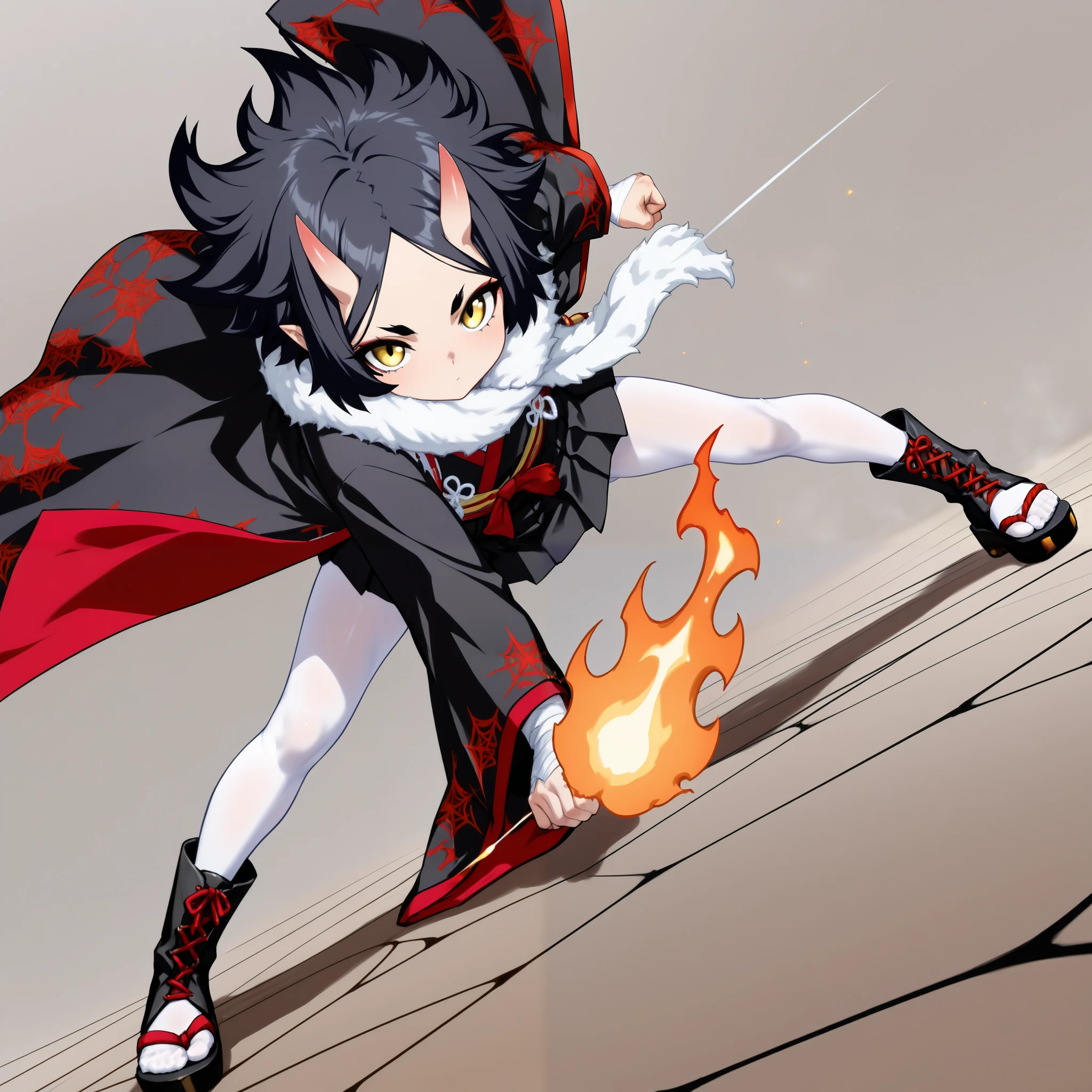 score_9, score_8_up, score_7_up, masterpiece, highest_quality, ultra_detailed, nsfw, absurdres, official_style, intricate_details, sharp_line, BREAK solo_boy, solo_boy_focus, boy is (japanese_shota, femboy, asura_kin, (black_messy_hair, very_long_hair, forehead, parted_bangs):1.5, (golden_slant_eyes, close_set_thin_eyebrows, eye_liner, long_eyelashes), pointed_ears, oni_short_horns, flat_chest, thin_body, short_stature, male_bulge, (spider_pattern_clothes, spider_silk_clothes, fur_scarf, samurai_kimono, haori, bandaged_arms, hakama_miniskirt, white_pantyhose, boots_sandals), dramatic_pose, dynamic_pose, fighting_pose, stretch, hold_flaming_runesword, spew_out_spider_thread):1.5, BREAK full_of_details, detailed_face, anatomically_correct, five_fingers, perfect_hands, perfect_fingers, dramatic_angle, dynamic_angle, dynamic_perspective, simple_color_background, covering_privates, convenient_censoring