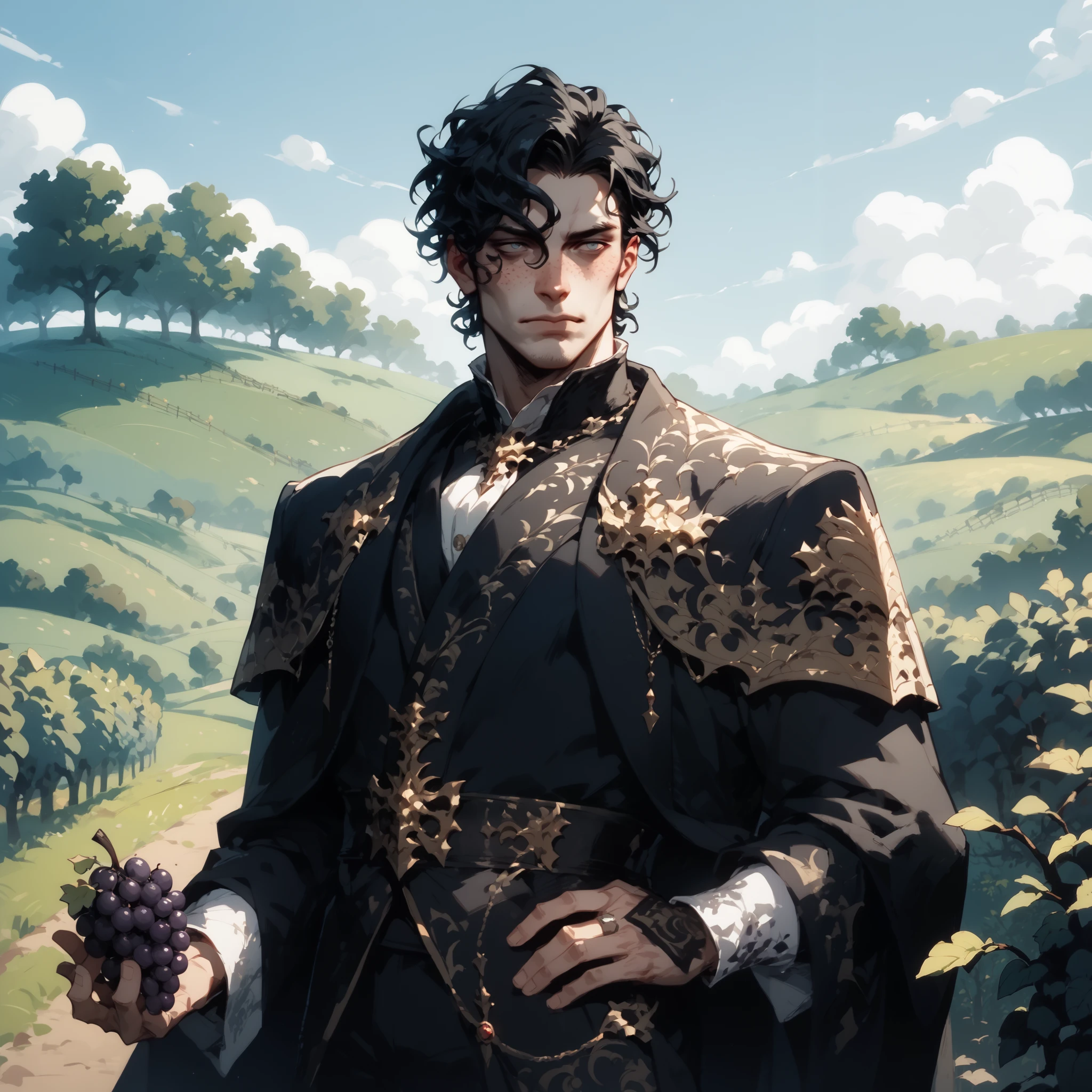 ((Masterpiece, dark fantasy drawing, painting style)) human, 1 boy, male, handsome, slender but muscular, silver freckles, black hair, curly hair, fair skin, detailed face, holding black silk around hip, scantily clad, standing in vineyard, eating grapes seductively