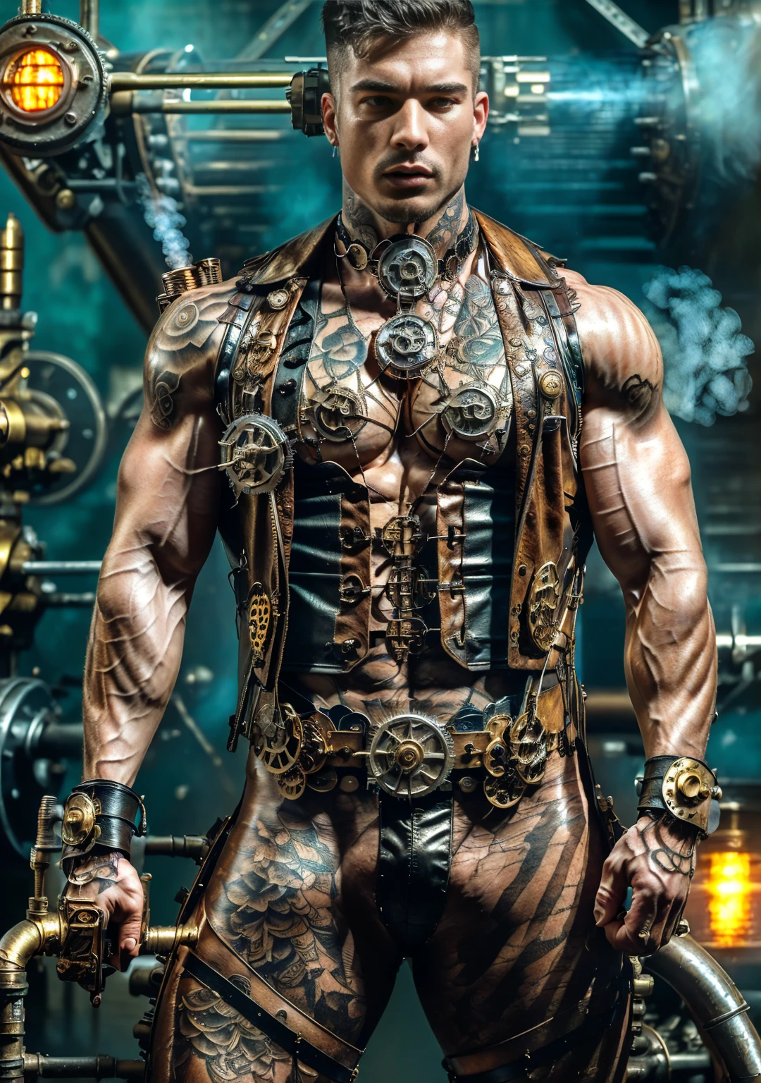 ((Masterpiece, High Quality)), Best Quality, highly detailed , ultrarealistic , cinematic ,realistic , photorealistic realistic eyes, intricate details, detailed background, depth of field, dynamic pose, dynamic angle ,male focus ,muscled man (1.0) ,handsome (detailed face) ,Young Arafed muscular chiseled very handsome man , (( steam4rmor,A muscular bodybuilder (1.0), veins on his arms , attractive tattooed man dressed in a detailed steampunk vest not covering his chest and abs(1.0), showing his muscled body with tattoos(1.0) ,The outfit includes leather straps, brass gears , a vest, and metallic accents. The man has a confident and alluring pose, with a mysterious expression. The background features an industrial steampunk setting with steam pipes, machinery, and a warm, vintage dark atmosphere , highly detailed, , detail face, tool enhancer ,slider 1.0)), realistic, masterpiece, intricate details, detailed background, depth of field, photo of a man ,looking like courage , ((light bokeh)) , highlighting the strong muscle lines , symbol of strength. Perspective and perspective: shooting from a low angle , highlighting the height and majesty of men. Or use a side perspective to show the posture and tattoo of a men.