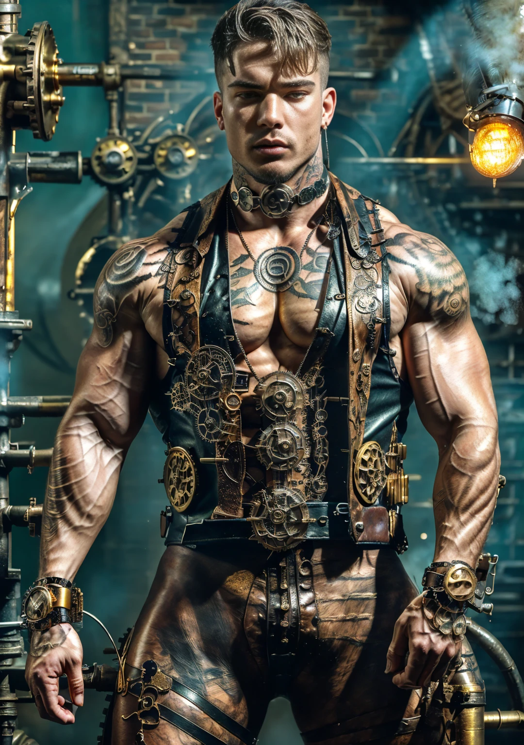 ((Masterpiece, High Quality)), Best Quality, highly detailed , ultrarealistic , cinematic ,realistic , photorealistic realistic eyes, intricate details, detailed background, depth of field, dynamic pose, dynamic angle ,male focus ,muscled man (1.0) ,handsome (detailed face) ,Young Arafed muscular chiseled very handsome man , (( steam4rmor,A muscular bodybuilder (1.0), veins on his arms , attractive tattooed man dressed in a detailed steampunk vest not covering his chest and abs(1.0), showing his muscled body with tattoos(1.0) ,The outfit includes leather straps, brass gears , a vest, and metallic accents. The man has a confident and alluring pose, with a mysterious expression. The background features an industrial steampunk setting with steam pipes, machinery, and a warm, vintage dark atmosphere , highly detailed, , detail face, tool enhancer ,slider 1.0)), realistic, masterpiece, intricate details, detailed background, depth of field, photo of a man ,looking like courage , ((light bokeh)) , highlighting the strong muscle lines , symbol of strength. Perspective and perspective: shooting from a low angle , highlighting the height and majesty of men. Or use a side perspective to show the posture and tattoo of a men.