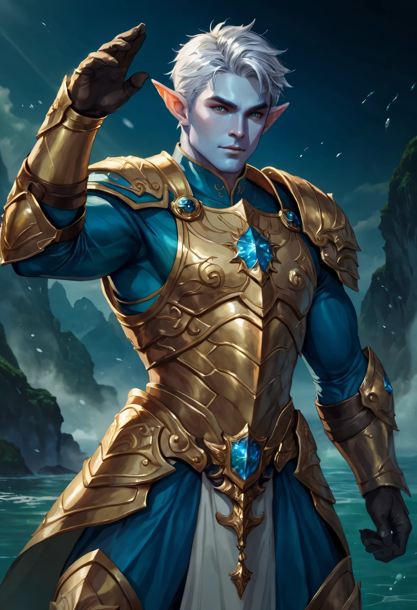 imagine only 1 personagem masculino. a magical general , Unknown Male Water Elf Water Warrior throws , lighter greenish and bluish skin, thin, short silver hair . Dresses in cloaks made of algae and corals . heavy golden armor, heavy armor, , Strong and muscular physique general ., combat pose , performs, compassionate. older