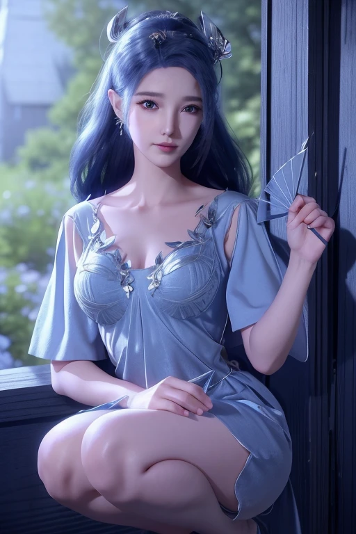 The Arad woman in a blue dress sits at the table, closeup fantasy with water magic, 2. 5 D CGI anime fantasy artwork, Anime fantasy illustration, Detailed digital anime art, beautiful fantasy anime, Smooth anime CG art, Anime fantasy artwork, 8K high quality detailed art, Realistic anime 3 D style, ultra detailed water, beautiful and seductive anime woman