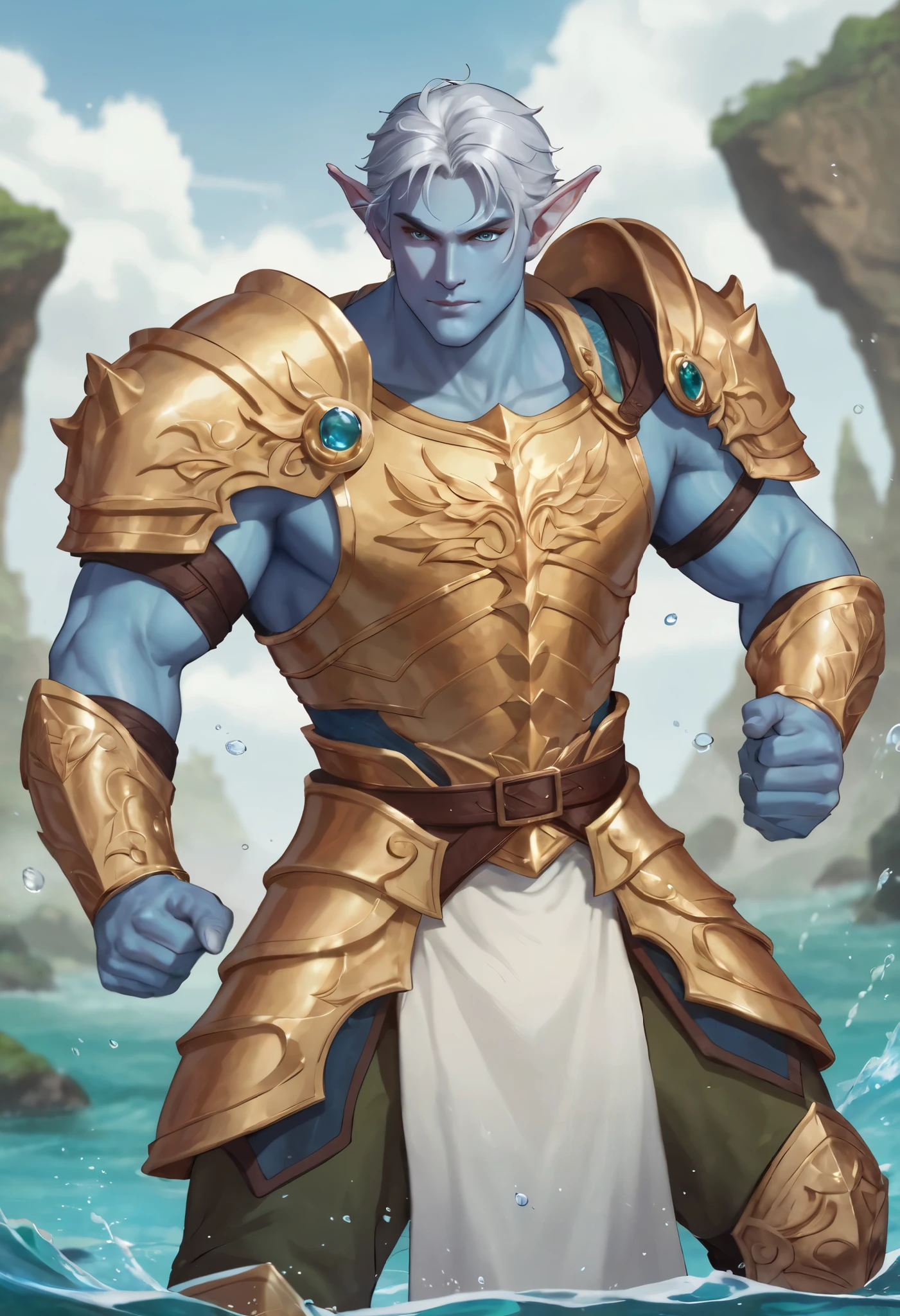 imagine only 1 personagem masculino. a magical general , Unknown Male Water Elf Water Warrior throws , lighter greenish and bluish skin, thin, short silver hair . Dresses in cloaks made of algae and corals . heavy golden armor, heavy armor, , Strong and muscular physique general ., combat pose , performs, compassionate. older