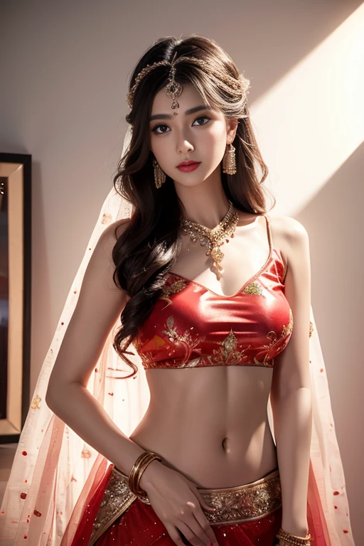 4K, UHD, masterpeice, 1 girl, good face, detailed eyes, detailed lips, very long hair, straight hair, very long hair, beautiful hair, hair ornaments, hairband, gradient hair, ((red lehenga)), ((bridal lehenga)), ((decorated blouse)), sardine, ((jwellery on lehenga)), ((red lace)), ornaments, necklace, earring, high lighting, ((bare stomach)), wedding stage, fujicolor, depth of field, ray tracing, ultra realistic detail, 