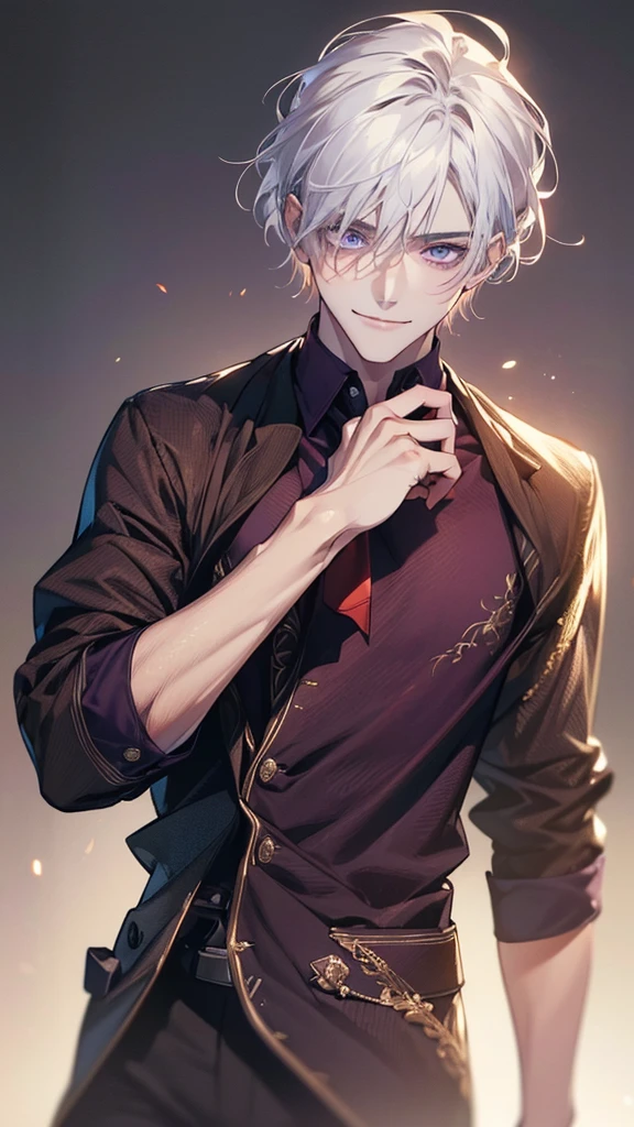 (realistic:1.37, best quality,4K,8k, highres, masterpiece:1.2), ultra-detailed ,Young,Caucasian male,dark purple eyes ,gentle smile,simple clothes,School Atmosphere , medium hair, white hair, light smile .