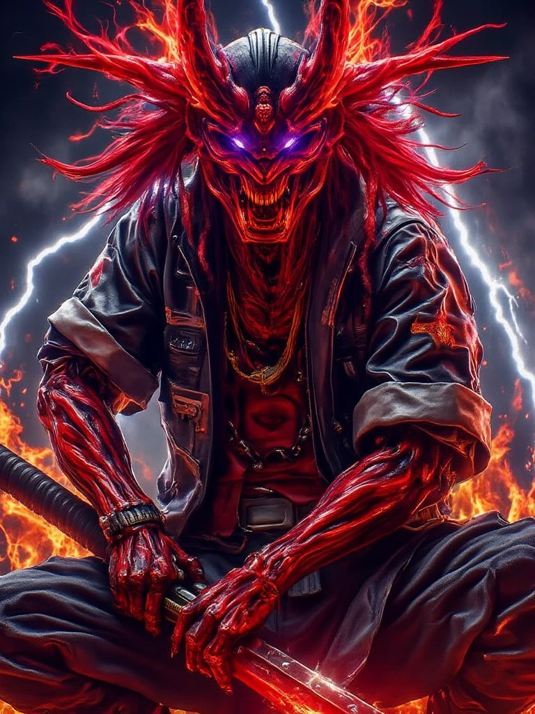 Male demon age 20, greman, crazy smile, yellow eyes, white hair visual kei, evil eyes, long crazy smile, royal blue and black leather matrix long gabardine open, red orange skin, red horns, black cargo pants, only right arm on blue flames, cyberpunk japanese style, belt with a blue ying yang, chains around the belt, athletic, magic powers, action, cunning look, demon alligator legs, black cat nails, hit pose, black night background, uncovered head