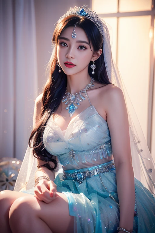 4K, UHD, masterpeice, 1 girl, good face, happy face, ((white skin)), detailed eyes, detailed lipstick, very long hair, straight hair, very long hair, beautiful hair, hair ornaments, hairband, gradient hair, ((blue stocking)), ((princess clothing)), ((decorated clothing)), ((sardine)), ((sparkle clothing)), ((blue lace)), ((diamond bracelet)), ((pendant)), navel, ((ornaments:1.5)), necklace, earring, high lighting, ((in the wedding stage)), fujicolor, depth of field, ray tracing, ultra realistic detailes,