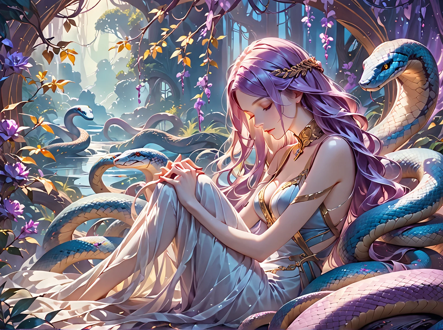 tyrande whisperwind, nightelf, light pink skin, black dragon horns, dragon tail, long aqua hair, beautiful, realistic, outdoors, plants, nature, friendly, fantasy style, elegant white dress, jewelry