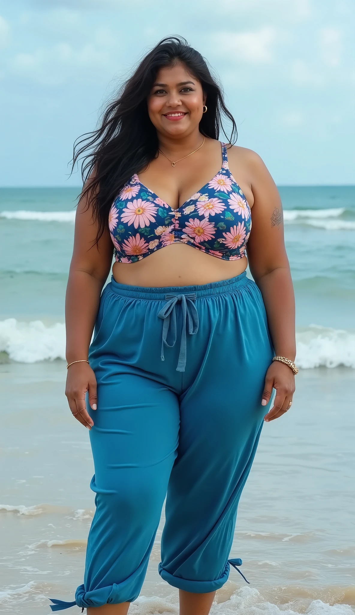 Indian gorgeous curvy plus size actress madhubala, glowing eyes, wearing SHEIN Clasi Plus Size Women's Polka Dot Printed Short Puff Sleeve Loose Blouse With Notched V-Neckline, Spring/Summer , covered Bust, parted lips, blushing cheeks, thick thighs, bigger waist, busty, curvy plus size body, full body, full body shot, head to toe view, hourglass body, curvy plus size body, smile face, bigger waist, busty, big hips, fleshy thighs, thick thighs, busty, full body view, Tulum Ruins, Mexico: Ancient Mayan ruins overlooking the turquoise Caribbean Sea.