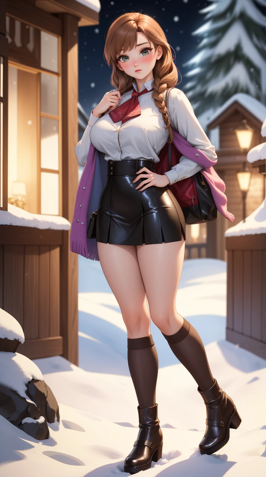 woman, ((Masterpiece, best quality)), full body view, sexy, bursting huge breasts, detailed skin, Anna from Frozen clothes, highly detailed, cinematic lighting, ultra realistic, blush, looking at viewer, anna, anna from frozen, princess, disney, brown hair, long hair, portrait, outdoor, snow, cleavage, large breasts, wide hips, full body view, tall,
skirt, miniskirt, microskirt, pleated skirt, thighs,