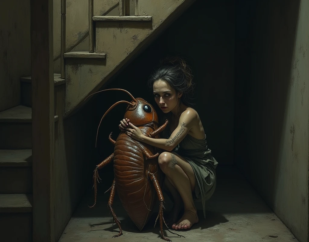 weird lady cudlle cockroach under stairs