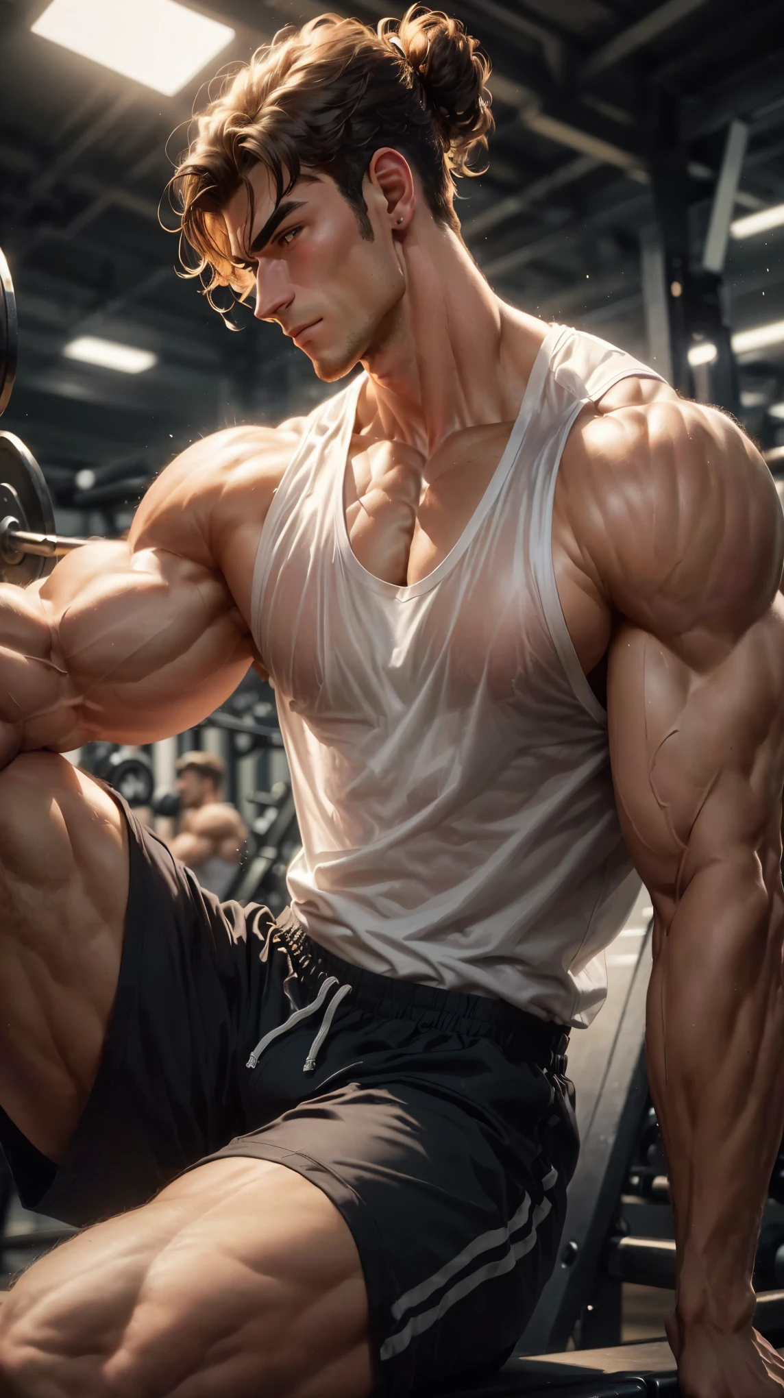 1 man, handsome young muscular man, (brutalmass:1.55), (Asian: 1.7), model, detailed perfect face, (crew cut hair: 1.11), (extremely wide and broad shoulders, muscular, giant muscles, aesthetic bodybuilder: 1.331), (white tank top, sweatpants: 1.555), realistic skin, (ultra realistic, detailed, high quality, 8k image quality, finely detailed, masterpiece, best quality: 1.2), looking at camera