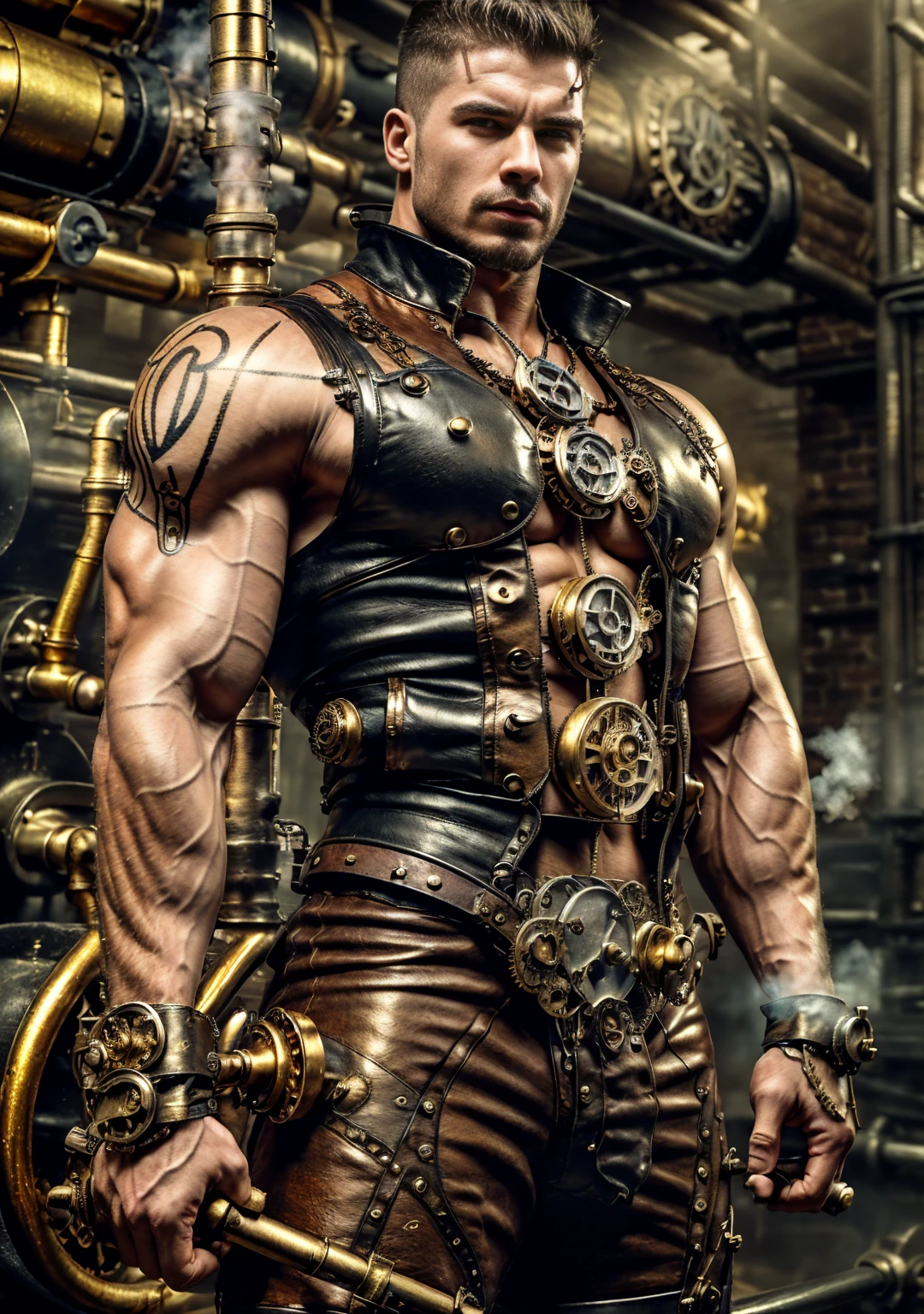 ((Masterpiece, High Quality)), Best Quality, highly detailed , ultrarealistic , cinematic ,realistic , photorealistic realistic eyes, intricate details, detailed background, depth of field, dynamic pose, dynamic angle ,male focus ,muscled man (1.0) ,handsome (detailed face) ,Young Arafed muscular chiseled very handsome man , (( steam4rmor,A muscular bodybuilder (1.0), veins on his arms , attractive tattooed man dressed in a detailed steampunk vest not covering his chest and abs(1.0), showing his muscled body with tattoos(1.0) ,The outfit includes leather straps, brass gears , a vest, and metallic accents. The man has a confident and alluring pose, with a mysterious expression. The background features an industrial steampunk setting with steam pipes, machinery, and a warm, vintage dark atmosphere , highly detailed, , detail face, tool enhancer ,slider 1.0)), realistic, masterpiece, intricate details, detailed background, depth of field, photo of a man ,looking like courage , ((light bokeh)) , highlighting the strong muscle lines , symbol of strength. Perspective and perspective: shooting from a low angle , highlighting the height and majesty of men. Or use a side perspective to show the posture and tattoo of a men.