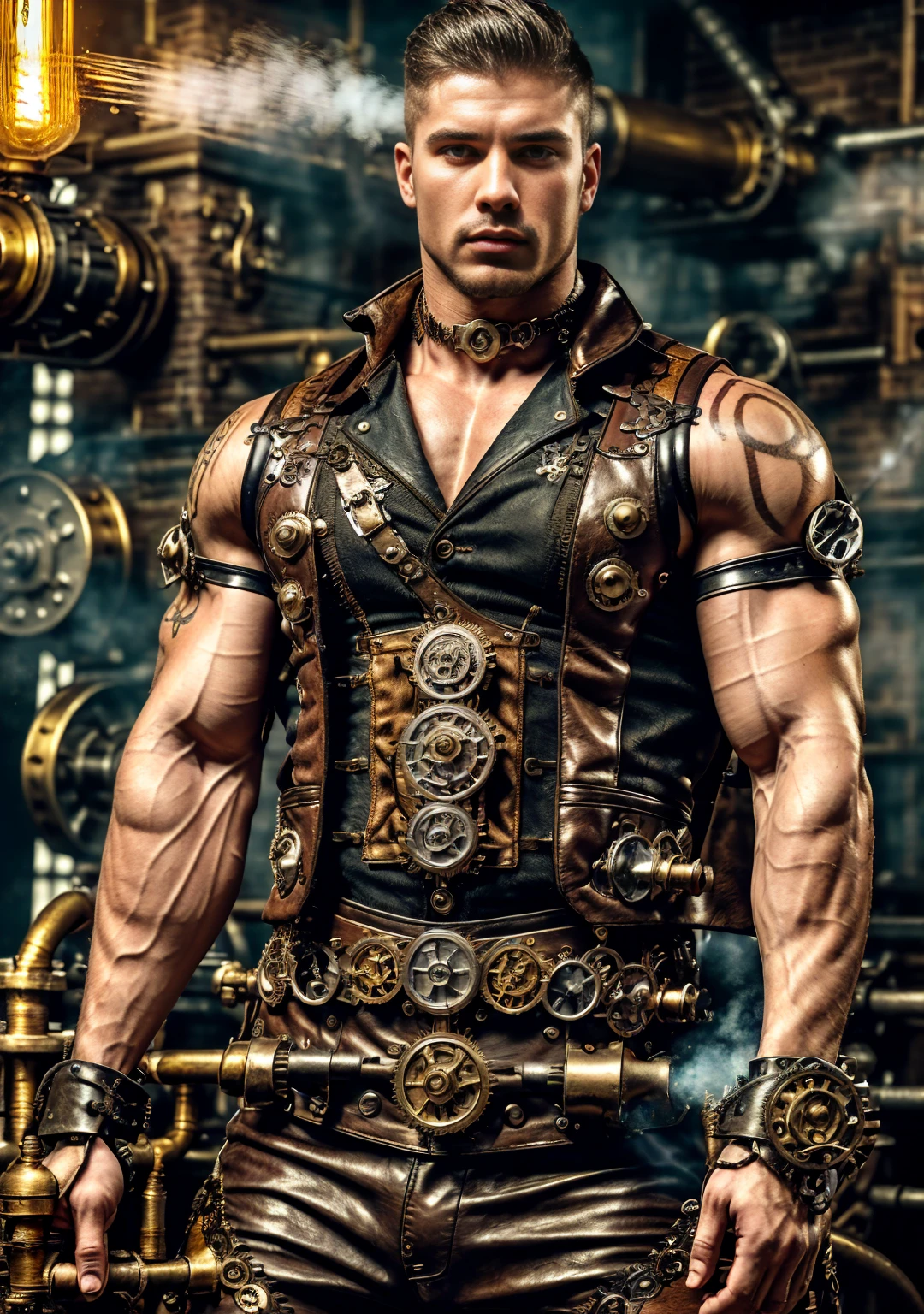 ((Masterpiece, High Quality)), Best Quality, highly detailed , ultrarealistic , cinematic ,realistic , photorealistic realistic eyes, intricate details, detailed background, depth of field, dynamic pose, dynamic angle ,male focus ,muscled man (1.0) ,handsome (detailed face) ,Young Arafed muscular chiseled very handsome man , (( steam4rmor,A muscular bodybuilder (1.0), veins on his arms , attractive tattooed man dressed in a detailed steampunk vest not covering his chest and abs(1.0), showing his muscled body with tattoos(1.0) ,The outfit includes leather straps, brass gears , a vest, and metallic accents. The man has a confident and alluring pose, with a mysterious expression. The background features an industrial steampunk setting with steam pipes, machinery, and a warm, vintage dark atmosphere , highly detailed, , detail face, tool enhancer ,slider 1.0)), realistic, masterpiece, intricate details, detailed background, depth of field, photo of a man ,looking like courage , ((light bokeh)) , highlighting the strong muscle lines , symbol of strength. Perspective and perspective: shooting from a low angle , highlighting the height and majesty of men. Or use a side perspective to show the posture and tattoo of a men.