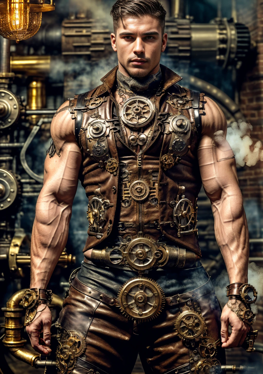 ((Masterpiece, High Quality)), Best Quality, highly detailed , ultrarealistic , cinematic ,realistic , photorealistic realistic eyes, intricate details, detailed background, depth of field, dynamic pose, dynamic angle ,male focus ,muscled man (1.0) ,handsome (detailed face) ,Young Arafed muscular chiseled very handsome man , (( steam4rmor,A muscular bodybuilder (1.0), veins on his arms , attractive tattooed man dressed in a detailed steampunk vest not covering his chest and abs(1.0), showing his muscled body with tattoos(1.0) ,The outfit includes leather straps, brass gears , a vest, and metallic accents. The man has a confident and alluring pose, with a mysterious expression. The background features an industrial steampunk setting with steam pipes, machinery, and a warm, vintage dark atmosphere , highly detailed, , detail face, tool enhancer ,slider 1.0)), realistic, masterpiece, intricate details, detailed background, depth of field, photo of a man ,looking like courage , ((light bokeh)) , highlighting the strong muscle lines , symbol of strength. Perspective and perspective: shooting from a low angle , highlighting the height and majesty of men. Or use a side perspective to show the posture and tattoo of a men.