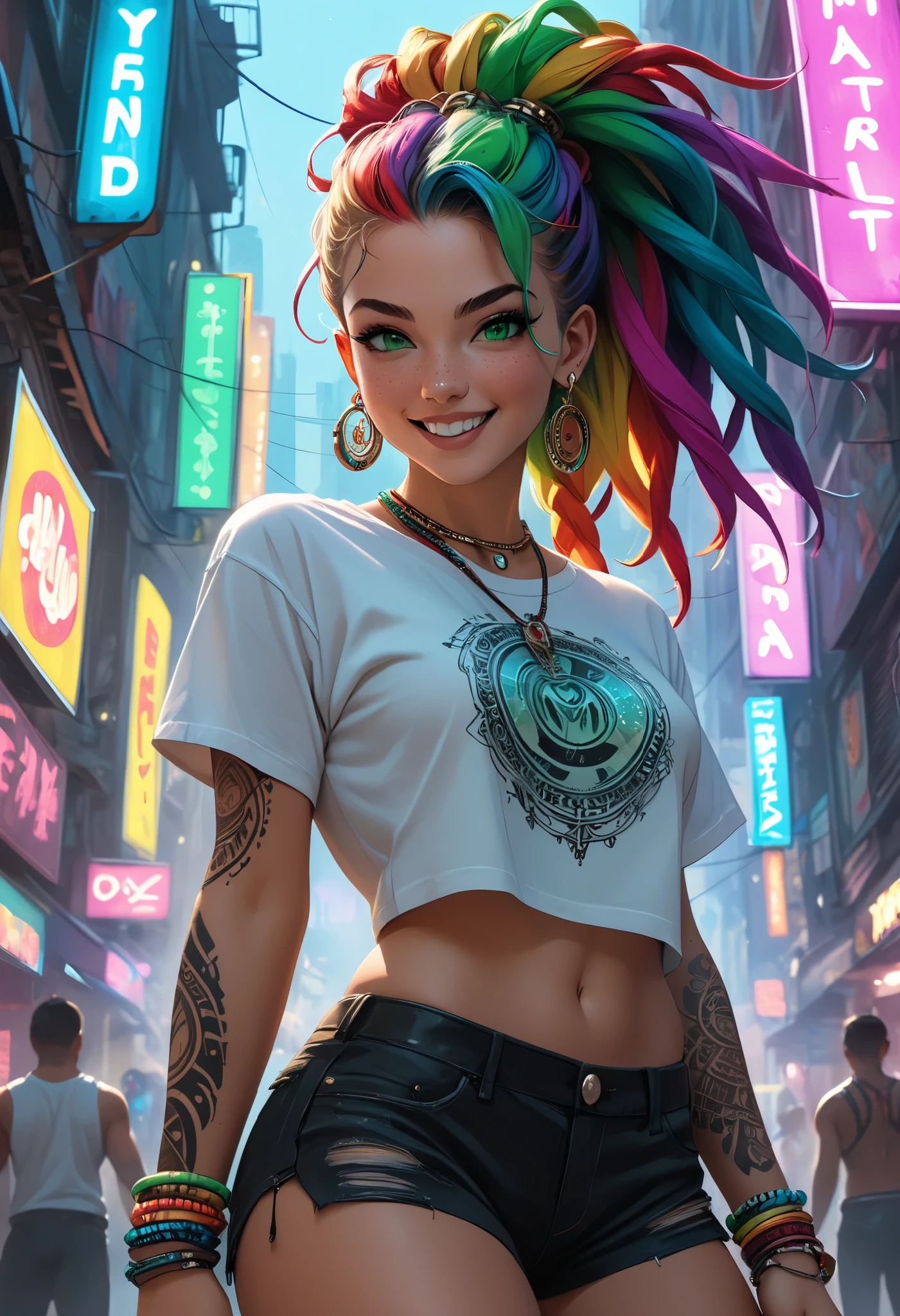masterpiece, best quality:1,2), 1 girl. Charming nymph with delicate features, dancing and laughing merrily. Delicate cheeks, blush, freckles. (Rainbow-colored hair, long thick matted dreadlocks. Shaved temples, decorated with tattoos). Iridescent large transparent eyes of emerald color. Incredible beauty. Black and iridescent bright makeup, long black eyelashes, expressive dark eyebrows. Slender, incredibly sexy, hourglass figure. The girl stands half-turned, slightly turning her head to the side, and looks at the viewer. Expressive dynamic pose during the dance. (Tribal tattoos). The girl is wearing a lot of massive ethnic jewelry (bracelets, earrings, necklaces, rings). The girl is wearing a white short T-shirt with a print made of thin jersey and short black shorts. The neon lights of a big city are in the background. The lighting is complicated. Side and back. The lighting contour. Shooting from below. Hip-hop, cyber punk style. Digital painting, concept art, cinematic composition (best quality, , high resolution)