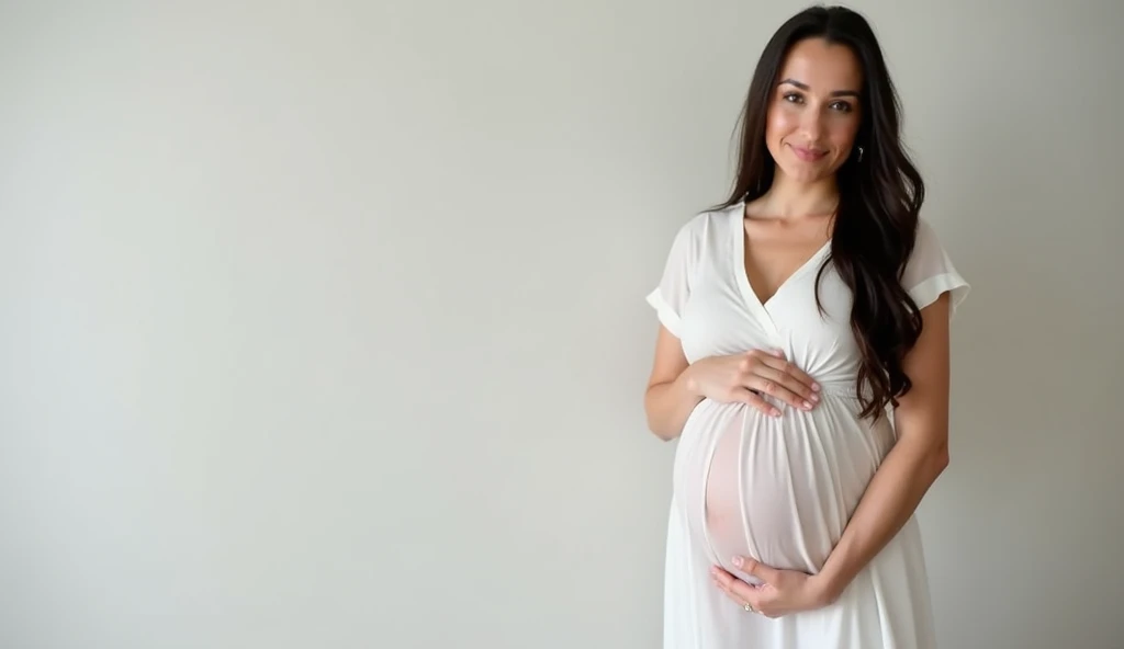 (realism) Brazilian woman, 3, white skin, black hair, green eyes, image without defects, without mutations, pregnant woman, standing, with her hands on her belly, wearing a traditional white dress, without a neckline. NEUTRAL GREEN BACKGROUND