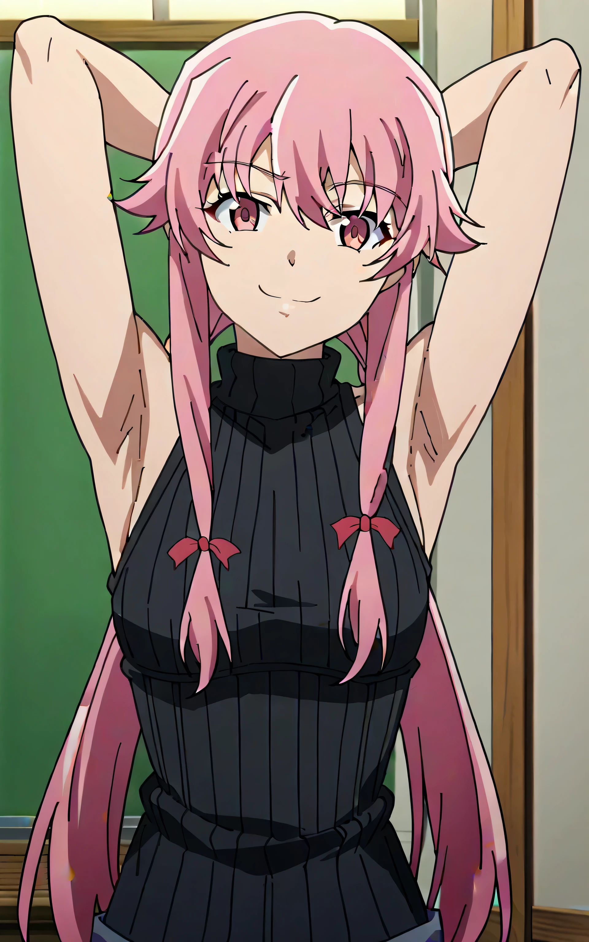 1girl, breasts, pink_hair, solo, skirt, long_hair, pink_eyes, smile, twintails, looking_at_viewer, cleavage, large_breasts, open_mouth, arms_behind_back, choker, blue_skirt, collarbone, bow, pleated_skirt, hair_bow, bangs, shirt, indoors, blush, cowboy_shot, cardigan, black_choker, red_bow
